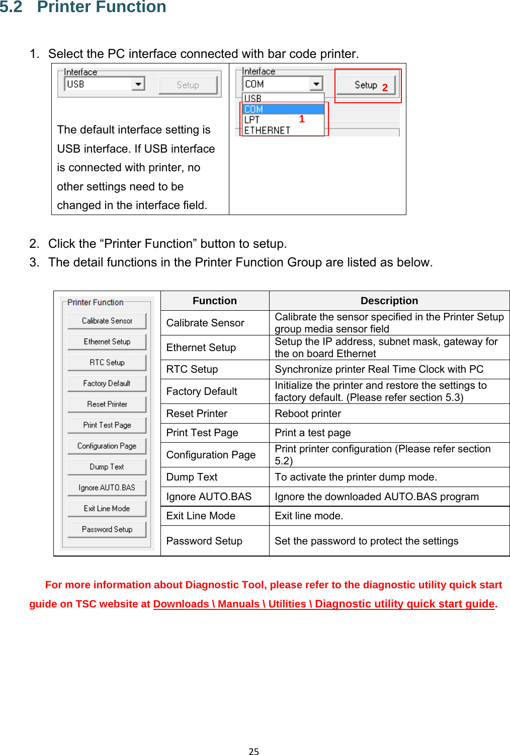 255.2 Printer Function  1.  Select the PC interface connected with bar code printer.  The default interface setting is USB interface. If USB interface is connected with printer, no other settings need to be changed in the interface field.   2.  Click the “Printer Function” button to setup. 3.  The detail functions in the Printer Function Group are listed as below.   Function  Description Calibrate Sensor  Calibrate the sensor specified in the Printer Setup group media sensor field Ethernet Setup  Setup the IP address, subnet mask, gateway for the on board Ethernet RTC Setup  Synchronize printer Real Time Clock with PC Factory Default  Initialize the printer and restore the settings to factory default. (Please refer section 5.3) Reset Printer  Reboot printer Print Test Page  Print a test page Configuration Page  Print printer configuration (Please refer section 5.2) Dump Text  To activate the printer dump mode. Ignore AUTO.BAS  Ignore the downloaded AUTO.BAS program Exit Line Mode  Exit line mode. Password Setup  Set the password to protect the settings For more information about Diagnostic Tool, please refer to the diagnostic utility quick start guide on TSC website at Downloads \ Manuals \ Utilities \ Diagnostic utility quick start guide.  12