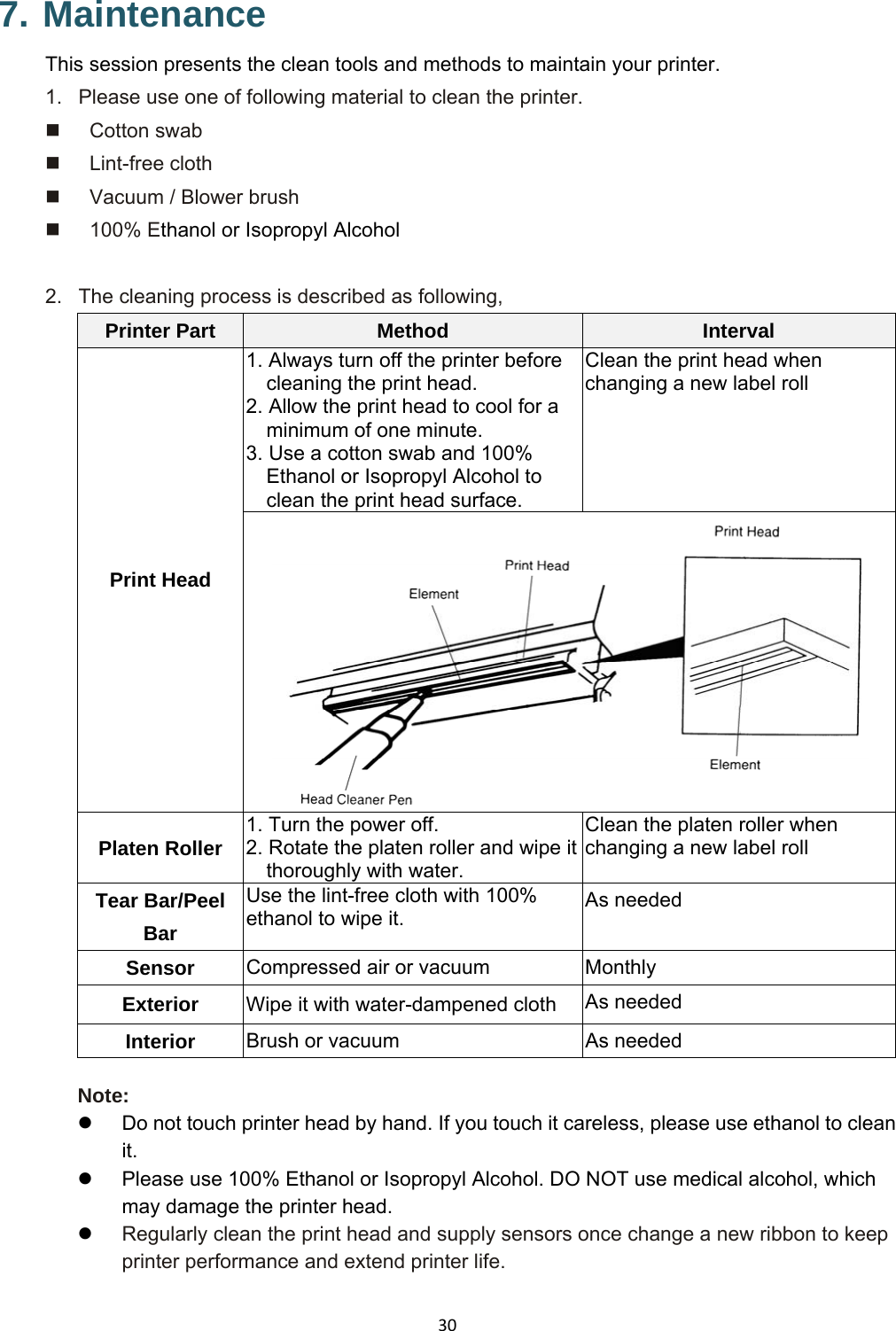 307. Maintenance This session presents the clean tools and methods to maintain your printer. 1.  Please use one of following material to clean the printer.  Cotton swab  Lint-free cloth   Vacuum / Blower brush  100% Ethanol or Isopropyl Alcohol  2.  The cleaning process is described as following, Printer Part    Method  Interval Print Head 1. Always turn off the printer before cleaning the print head. 2. Allow the print head to cool for a minimum of one minute. 3. Use a cotton swab and 100% Ethanol or Isopropyl Alcohol to clean the print head surface. Clean the print head when changing a new label roll   Platen Roller  1. Turn the power off. 2. Rotate the platen roller and wipe it thoroughly with water. Clean the platen roller when changing a new label roll Tear Bar/Peel Bar Use the lint-free cloth with 100% ethanol to wipe it.  As needed Sensor  Compressed air or vacuum  Monthly Exterior  Wipe it with water-dampened cloth  As needed Interior  Brush or vacuum  As needed  Note:   Do not touch printer head by hand. If you touch it careless, please use ethanol to clean it.   Please use 100% Ethanol or Isopropyl Alcohol. DO NOT use medical alcohol, which may damage the printer head.  Regularly clean the print head and supply sensors once change a new ribbon to keep printer performance and extend printer life. 