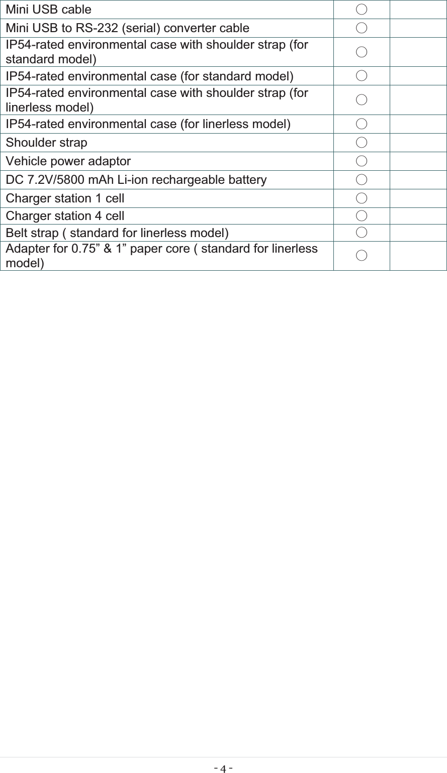 - 4 - Mini USB cable  ˕ Mini USB to RS-232 (serial) converter cable  ˕ IP54-rated environmental case with shoulder strap (for standard model)  ˕  IP54-rated environmental case (for standard model) ˕ IP54-rated environmental case with shoulder strap (for linerless model) ˕  IP54-rated environmental case (for linerless model) ˕ Shoulder strap ˕ Vehicle power adaptor  ˕ DC 7.2V/5800 mAh Li-ion rechargeable battery ˕ Charger station 1 cell  ˕ Charger station 4 cell  ˕ Belt strap ( standard for linerless model)  ˕ Adapter for 0.75” &amp; 1” paper core ( standard for linerless model)  ˕  