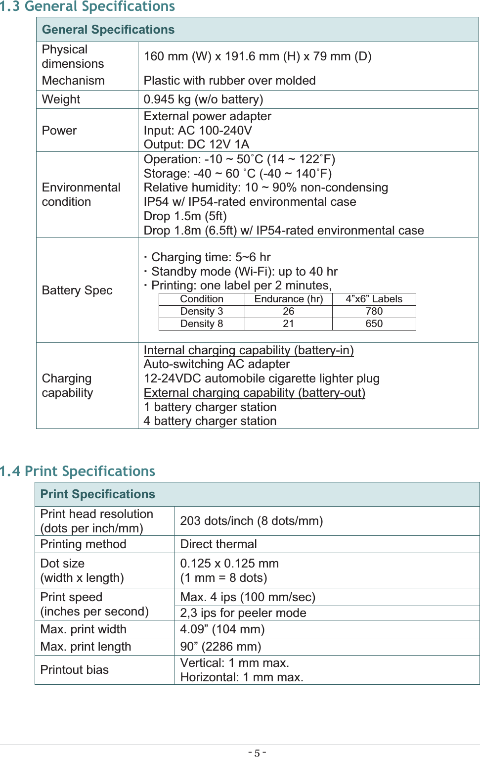 - 5 - 1.3 General Specifications General Specifications Physical dimensions  160 mm (W) x 191.6 mm (H) x 79 mm (D) Mechanism Plastic with rubber over molded Weight  0.945 kg (w/o battery) PowerExternal power adapter Input: AC 100-240V Output: DC 12V 1A Environmental condition Operation: -10 ~ 50˚C (14 ~ 122˚F) Storage: -40 ~ 60 ˚C (-40 ~ 140˚F) Relative humidity: 10 ~ 90% non-condensing IP54 w/ IP54-rated environmental case Drop 1.5m (5ft) Drop 1.8m (6.5ft) w/ IP54-rated environmental case Battery Spec Charging time: 5~6 hr  Standby mode (Wi-Fi): up to 40 hr  Printing: one label per 2 minutes,  Condition  Endurance (hr)  4”x6” Labels Density 3  26  780 Density 8  21  650  Charging capability Internal charging capability (battery-in) Auto-switching AC adapter 12-24VDC automobile cigarette lighter plug External charging capability (battery-out) 1 battery charger station 4 battery charger station 1.4 Print Specifications Print Specifications Print head resolution (dots per inch/mm)  203 dots/inch (8 dots/mm) Printing method  Direct thermal Dot size(width x length) 0.125 x 0.125 mm (1 mm = 8 dots) Print speed(inches per second) Max. 4 ips (100 mm/sec) 2,3 ips for peeler mode Max. print width  4.09” (104 mm) Max. print length  90” (2286 mm) Printout bias Vertical: 1 mm max. Horizontal: 1 mm max. 