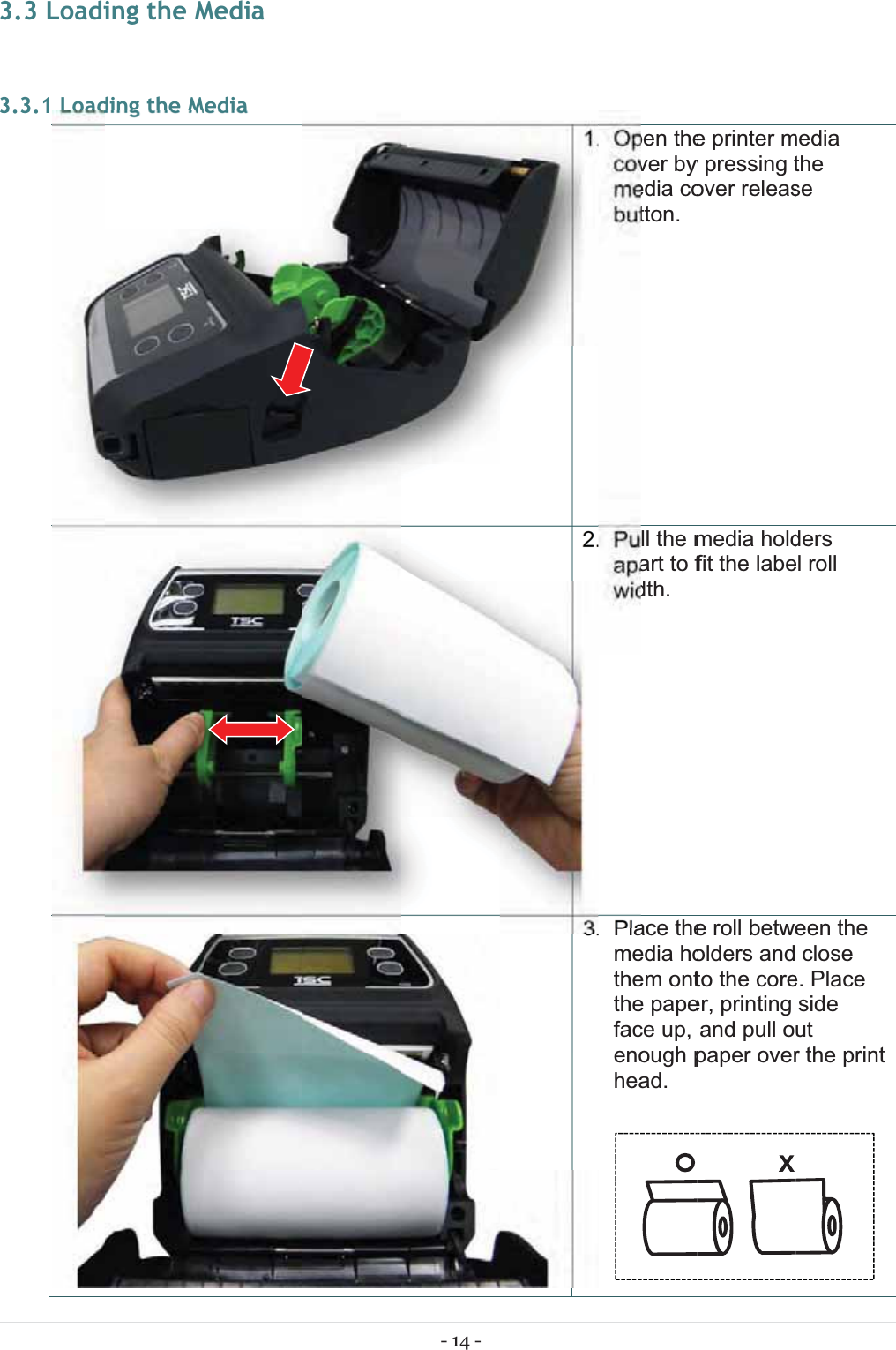 333.3 Loadi3.3.1 Loading the Mding the MMediaMedia- 14 - 1.2.3. Open thecover by media cobutton.  Pull the mapart to fwidth.   Place themedia hothem ontthe papeface up, enough phead. e printer my pressing tover releasmedia holdfit the labee roll betweolders andto the coreer, printing and pull opaper overmedia the se ders l roll een the close e. Place side ut r the print 