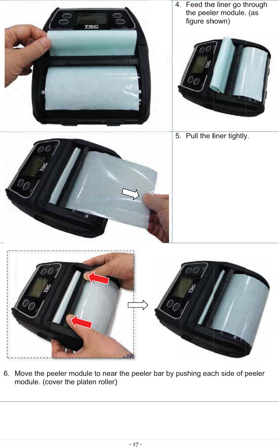 6. Mm Move the pmodule. (coeeler moduover the plaule to nearaten roller)- 17 -      r the peele) 4. 5.  er bar by pu Feed thethe peelefigure sh  Pull the lushing eace liner go ther module.hown) liner tightlych side of phrough  (as y. peeler 