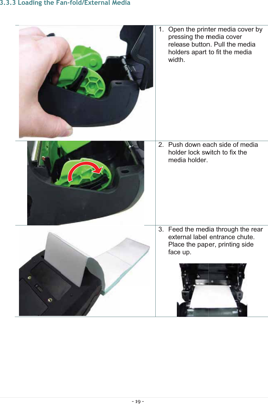 33.3.3 Loadding the Faan-fold/Exxternal Me- 19 - edia1. Opepresreleholdwidt  2. Pusholdmed3. FeeextePlacface en the printssing the mase buttonders apart tth. sh down eader lock swdia holder. ed the medernal label ce the pape up. ter media cmedia coven. Pull the to fit the mach side ofwitch to fix dia throughentrance cer, printingcover by er media media f media the  the rear chute. g side 