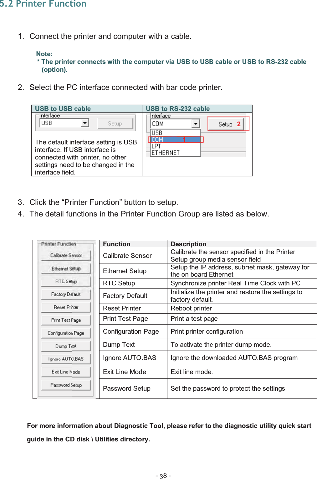 5 5.2 Print 1. CoN2. SeU Ticsi 3. Cl4. Th Forguider Functonnect the Note:* The printe(option). elect the PUSB to USBThe default innterface. If Uconnected wsettings neednterface fieldick the “Prhe detail fur more inforde in the CDtionprinter aner connects C interfaceB cablenterface settUSB interfaceith printer, nod to be changd. rinter Funcunctions in  FCERFRPCDIgEPmation abouD disk \ Utilid computewith the come connecte ing is USB e is o other ged in the tion” buttothe Printerunction Calibrate Senthernet SetuRTC Setup actory DefauReset Printerrint Test PagConfiguration Dump Text gnore AUTO.xit Line Modassword Setut Diagnostties directo- 38 - er with a camputer via Ued with barUSB to RSn to setup.r Function Densor  CaSeup  SetheSyult  InifacRege PrPage PrTo.BAS Ignde Extup Setic Tool, pleary.able. USB to USBr code printS-232 cable. Group areescriptionalibrate the setup group metup the IP ae on board Eynchronize ptialize the prctory defaulteboot printerrint a test pagrint printer coo activate thenore the dowxit line modeet the passwoase refer to1B cable or USter.  e listed as bensor specifmedia sensor ddress, subnEthernet rinter Real Trinter and res. ge onfiguration e printer dumwnloaded AU. ord to protecthe diagnos2SB to RS-23below. fied in the Prr field net mask, gaTime Clock wstore the settmp mode. UTO.BAS proct the settingstic utility q32 cable rinter ateway for with PC tings to ogram s uick start 