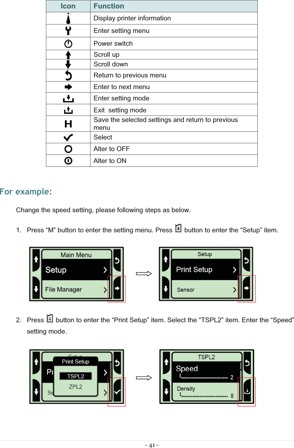 - 41 - Icon Function Display printer information  Enter setting menu  Power switch  Scroll up  Scroll down  Return to previous menu  Enter to next menu  Enter setting mode Exit  setting mode Save the selected settings and return to previous menu Select Alter to OFF Alter to ON For example: Change the speed setting, please following steps as below. 1.  Press “M” button to enter the setting menu. Press   button to enter the “Setup” item.                     2.  Press   button to enter the “Print Setup” item. Select the “TSPL2” item. Enter the “Speed” setting mode.                     