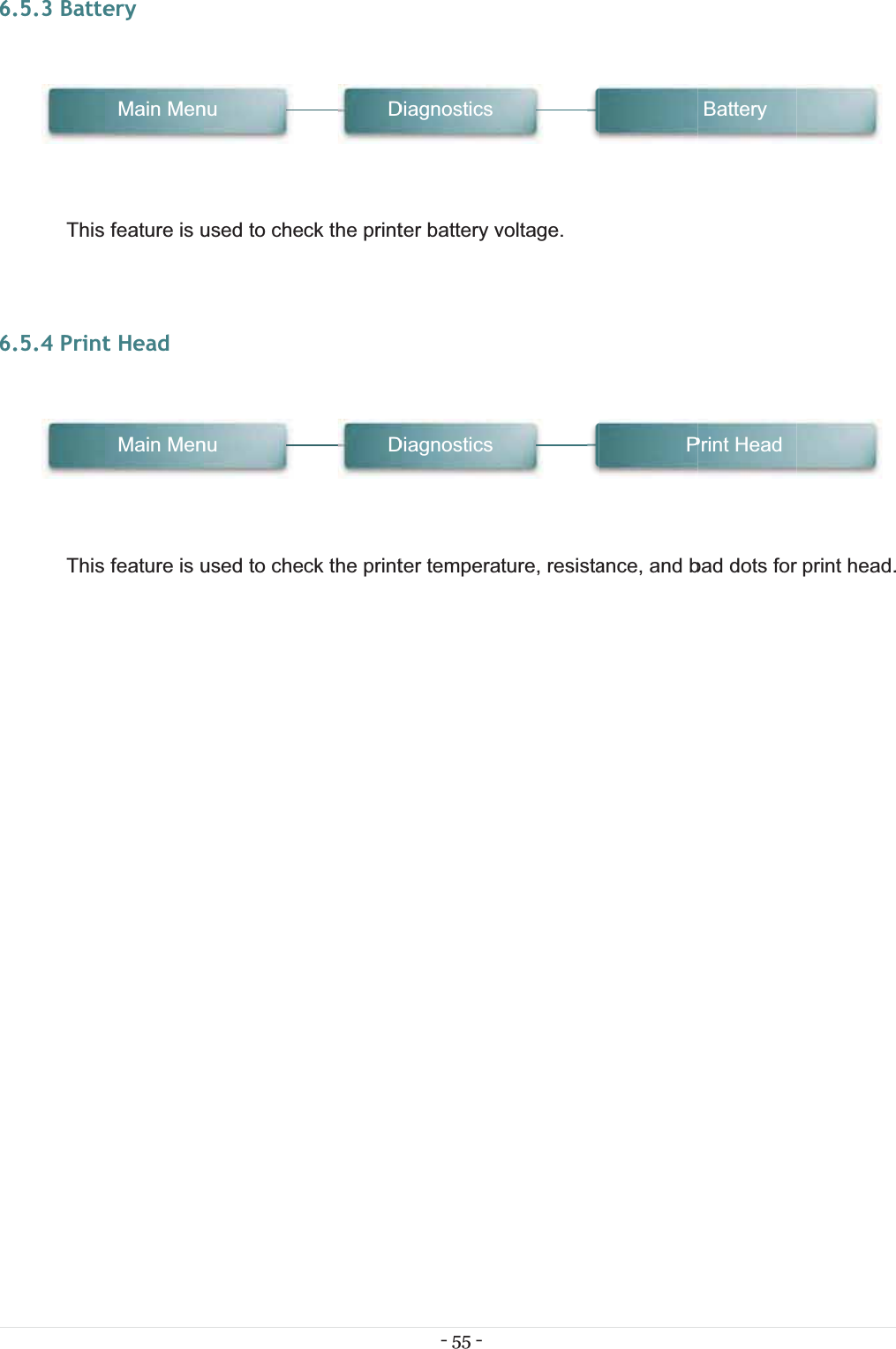 666.5.3 BatteThis 6.5.4 PrintThis ery feature is ut Head  feature is uMain MenMain Menused to cheused to chenunueck the printeck the printDD- 55 - ter battery vter temperaDiagnosticsDiagnosticsvoltage. ture, resistaance, and bPbad dots forBatteryPrint Headprint head..