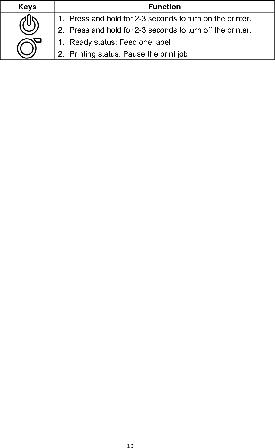 10   Keys Function  1.  Press and hold for 2-3 seconds to turn on the printer. 2.  Press and hold for 2-3 seconds to turn off the printer.  1.  Ready status: Feed one label 2.  Printing status: Pause the print job 