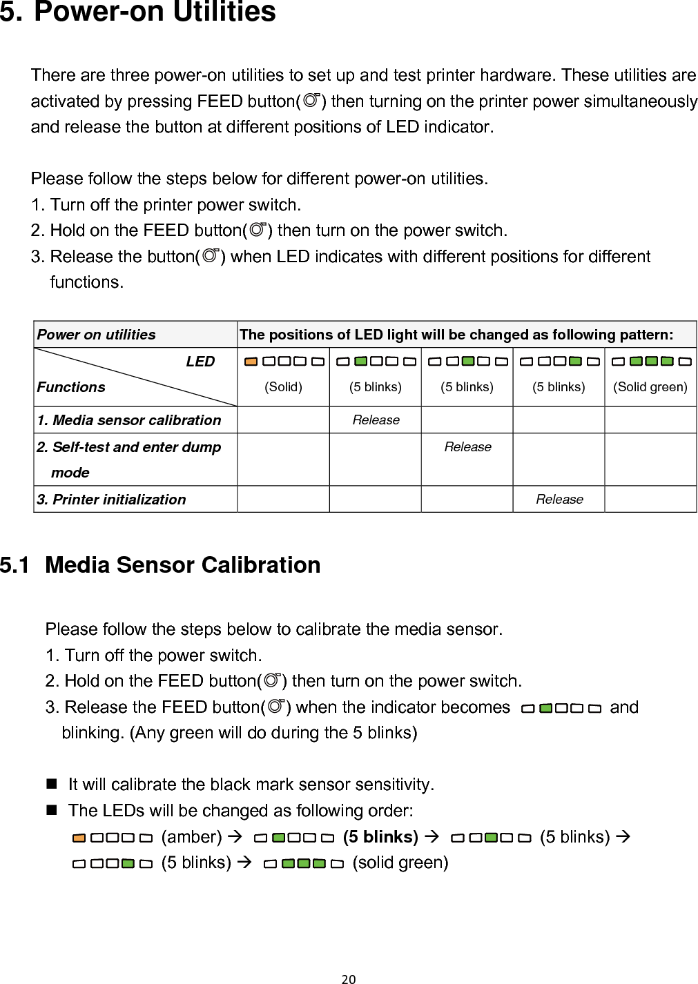 20 5. Power-on Utilities There are three power-on utilities to set up and test printer hardware. These utilities are activated by pressing FEED button( ) then turning on the printer power simultaneously and release the button at different positions of LED indicator.  Please follow the steps below for different power-on utilities. 1. Turn off the printer power switch. 2. Hold on the FEED button( ) then turn on the power switch. 3. Release the button( ) when LED indicates with different positions for different functions.  Power on utilities  The positions of LED light will be changed as following pattern: LED Functions  (Solid)  (5 blinks)  (5 blinks)  (5 blinks)  (Solid green)1. Media sensor calibration   Release    2. Self-test and enter dump mode    Release    3. Printer initialization       Release   5.1   Media  Sensor  Calibration Please follow the steps below to calibrate the media sensor. 1. Turn off the power switch. 2. Hold on the FEED button( ) then turn on the power switch. 3. Release the FEED button( ) when the indicator becomes    and blinking. (Any green will do during the 5 blinks)    It will calibrate the black mark sensor sensitivity.   The LEDs will be changed as following order:  (amber)   (5 blinks)   (5 blinks)  (5 blinks)   (solid green)    