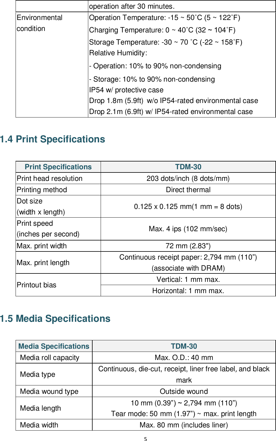 5  operation after 30 minutes. Environmental condition Operation Temperature: -15 ~ 50˚C (5 ~ 122˚F) Charging Temperature: 0 ~ 40˚C (32 ~ 104˚F) Storage Temperature: -30 ~ 70 ˚C (-22 ~ 158˚F) Relative Humidity: - Operation: 10% to 90% non-condensing   - Storage: 10% to 90% non-condensing   IP54 w/ protective case Drop 1.8m (5.9ft)  w/o IP54-rated environmental case Drop 2.1m (6.9ft) w/ IP54-rated environmental case  1.4 Print Specifications  Print Specifications TDM-30 Print head resolution 203 dots/inch (8 dots/mm) Printing method Direct thermal Dot size (width x length) 0.125 x 0.125 mm(1 mm = 8 dots) Print speed (inches per second) Max. 4 ips (102 mm/sec) Max. print width 72 mm (2.83&quot;) Max. print length Continuous receipt paper: 2,794 mm (110”)   (associate with DRAM) Printout bias Vertical: 1 mm max. Horizontal: 1 mm max.  1.5 Media Specifications  Media Specifications TDM-30 Media roll capacity Max. O.D.: 40 mm Media type Continuous, die-cut, receipt, liner free label, and black mark Media wound type Outside wound Media length 10 mm (0.39”) ~ 2,794 mm (110”) Tear mode: 50 mm (1.97”) ~ max. print length Media width Max. 80 mm (includes liner) 