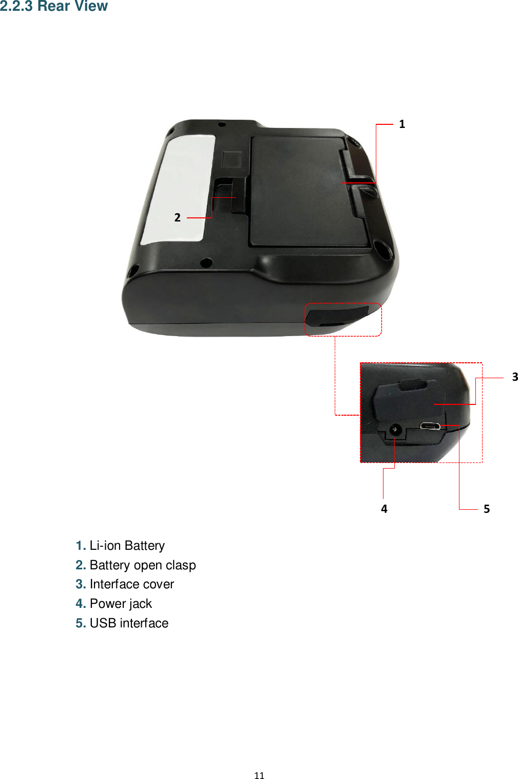 11  2.2.3 Rear View                                             1. Li-ion Battery 2. Battery open clasp 3. Interface cover   4. Power jack 5. USB interface      1 3 2 4 5 