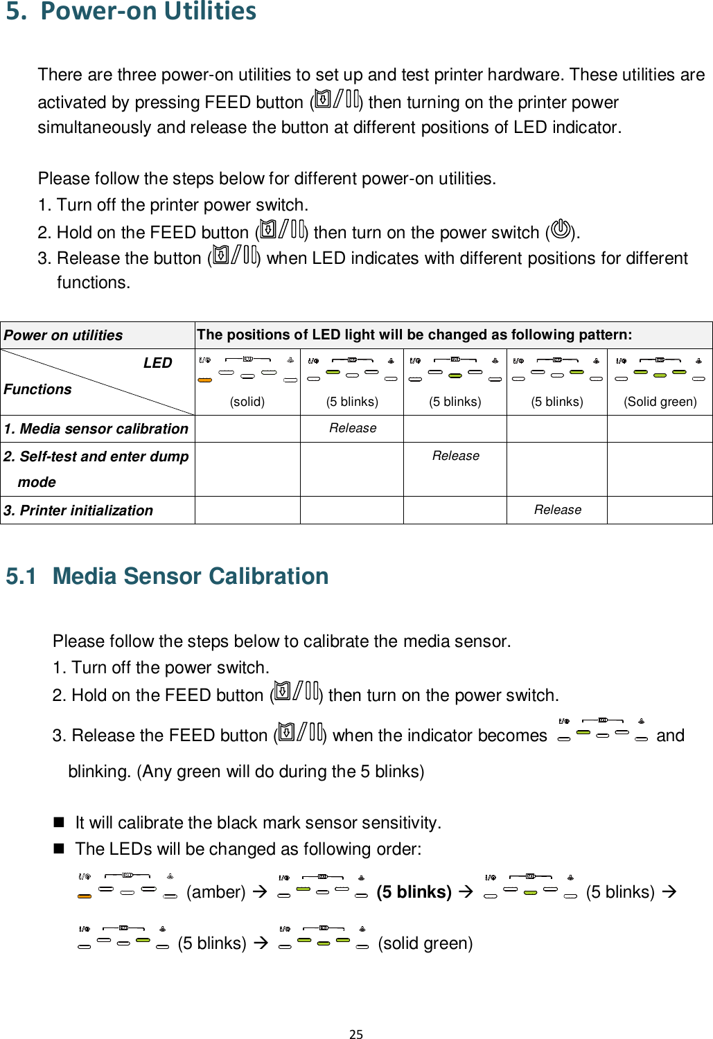 25  5. Power-on Utilities  There are three power-on utilities to set up and test printer hardware. These utilities are activated by pressing FEED button ( ) then turning on the printer power simultaneously and release the button at different positions of LED indicator.  Please follow the steps below for different power-on utilities. 1. Turn off the printer power switch. 2. Hold on the FEED button ( ) then turn on the power switch ( ). 3. Release the button ( ) when LED indicates with different positions for different functions.  Power on utilities The positions of LED light will be changed as following pattern: LED Functions  (solid)  (5 blinks)  (5 blinks)  (5 blinks)  (Solid green) 1. Media sensor calibration  Release    2. Self-test and enter dump mode   Release   3. Printer initialization    Release   5.1   Media Sensor Calibration  Please follow the steps below to calibrate the media sensor. 1. Turn off the power switch. 2. Hold on the FEED button ( ) then turn on the power switch. 3. Release the FEED button ( ) when the indicator becomes    and blinking. (Any green will do during the 5 blinks)    It will calibrate the black mark sensor sensitivity.   The LEDs will be changed as following order:   (amber)     (5 blinks)     (5 blinks)   (5 blinks)     (solid green)  