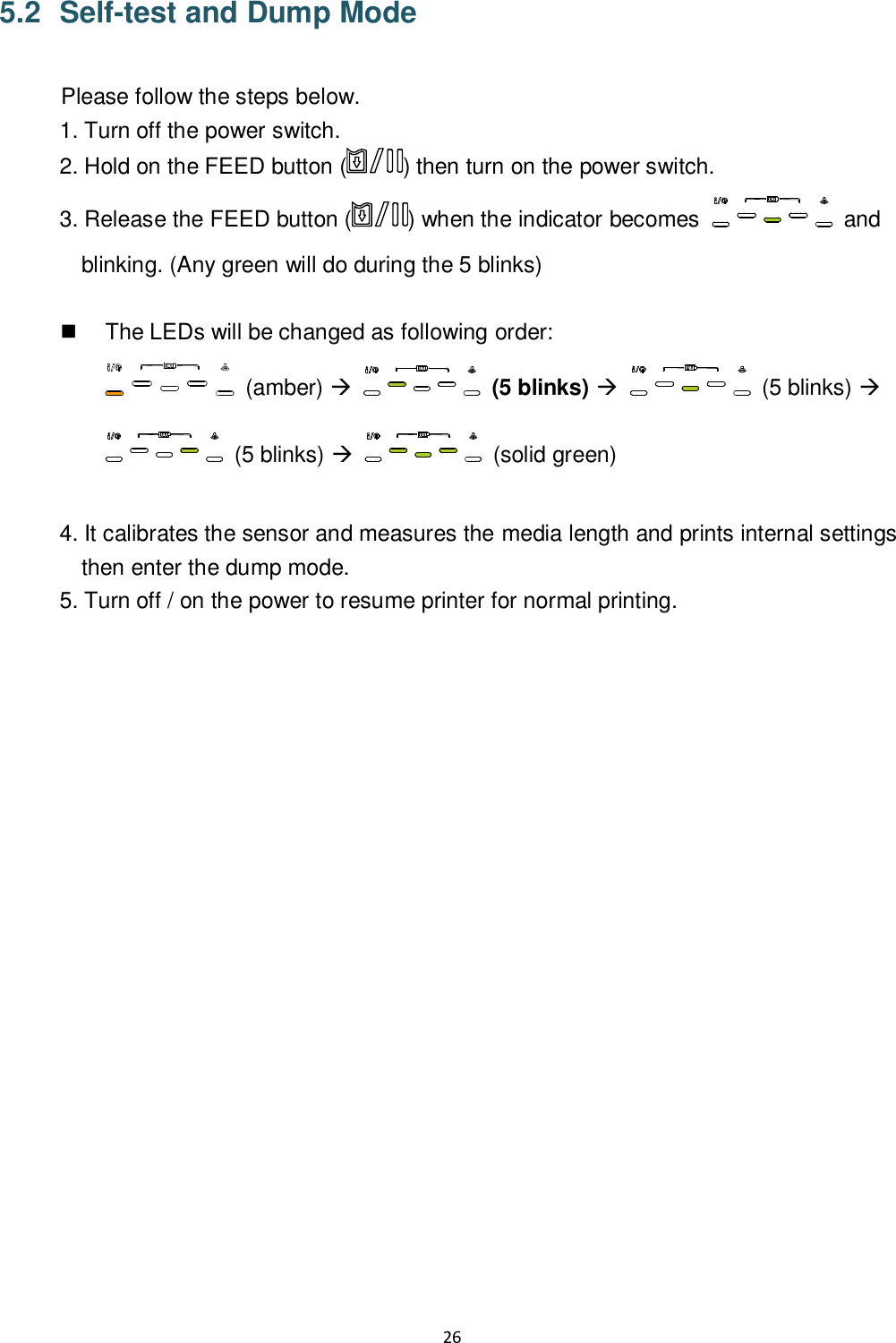26  5.2   Self-test and Dump Mode  Please follow the steps below. 1. Turn off the power switch. 2. Hold on the FEED button ( ) then turn on the power switch. 3. Release the FEED button ( ) when the indicator becomes    and blinking. (Any green will do during the 5 blinks)    The LEDs will be changed as following order:   (amber)   (5 blinks)   (5 blinks)   (5 blinks)     (solid green)  4. It calibrates the sensor and measures the media length and prints internal settings then enter the dump mode. 5. Turn off / on the power to resume printer for normal printing.                      