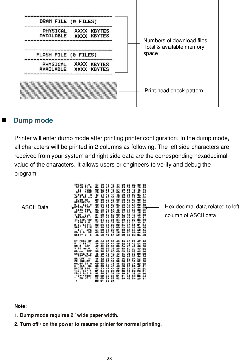 28          Numbers of download files Total &amp; available memory space      Print head check pattern   Dump mode  Printer will enter dump mode after printing printer configuration. In the dump mode, all characters will be printed in 2 columns as following. The left side characters are received from your system and right side data are the corresponding hexadecimal value of the characters. It allows users or engineers to verify and debug the program.    Note: 1. Dump mode requires 2” wide paper width. 2. Turn off / on the power to resume printer for normal printing.     ASCII Data Hex decimal data related to left column of ASCII data 