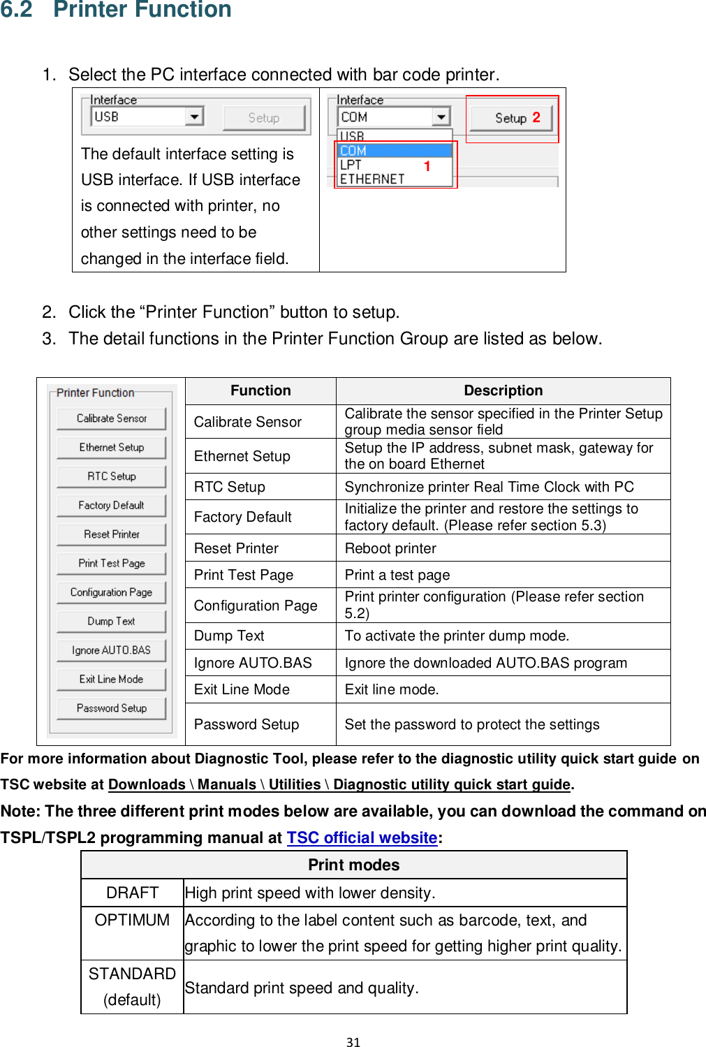 31  6.2  Printer Function  1.  Select the PC interface connected with bar code printer.  The default interface setting is USB interface. If USB interface is connected with printer, no other settings need to be changed in the interface field.   2. Click the “Printer Function” button to setup. 3.  The detail functions in the Printer Function Group are listed as below.   Function Description Calibrate Sensor Calibrate the sensor specified in the Printer Setup group media sensor field Ethernet Setup Setup the IP address, subnet mask, gateway for the on board Ethernet RTC Setup Synchronize printer Real Time Clock with PC Factory Default Initialize the printer and restore the settings to factory default. (Please refer section 5.3) Reset Printer Reboot printer Print Test Page Print a test page Configuration Page Print printer configuration (Please refer section 5.2) Dump Text To activate the printer dump mode. Ignore AUTO.BAS Ignore the downloaded AUTO.BAS program Exit Line Mode Exit line mode. Password Setup Set the password to protect the settings For more information about Diagnostic Tool, please refer to the diagnostic utility quick start guide on TSC website at Downloads \ Manuals \ Utilities \ Diagnostic utility quick start guide. Note: The three different print modes below are available, you can download the command on TSPL/TSPL2 programming manual at TSC official website: Print modes DRAFT High print speed with lower density. OPTIMUM  According to the label content such as barcode, text, and graphic to lower the print speed for getting higher print quality. STANDARD (default) Standard print speed and quality. 1 2 