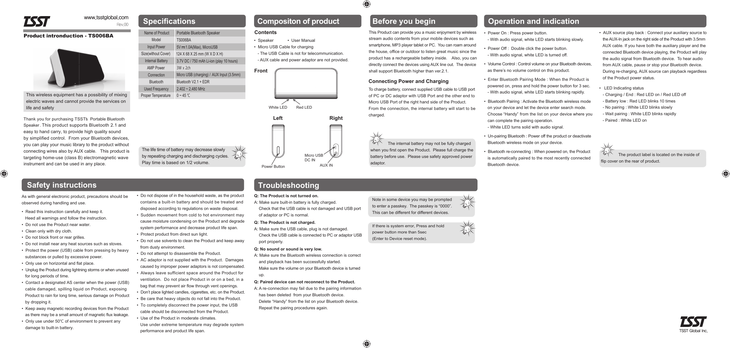 ContentsConnecting Power and ChargingFrontLeft RightBefore you beginCompositon of productSpecificationsThis Product can provide you a music enjoyment by wireless stream audio contents from your mobile devices such as smartphone, MP3 player tablet or PC.  You can roam around the house, office or outdoor to listen great music since the product has a rechargeable battery inside.    Also, you can directly connect the devices using AUX line out.  The device shall support Bluetooth higher than ver.2.1  .Thank you for purchasing TSSTs  Portable Bluetooth&rsquo;  Speaker . This product supports Bluetooth 2.1 andeasy to hand carry, to provide high quality sound by simplified control.  From your Bluetooth devices, you can play your music library to the product without connecting wires also by AUX cable.   This product is targeting home-use (class B) electromagnetic wave instrument and can be used in any place.&bull;  Speaker &bull;  User Manual&bull;  Micro USB Cable for charging   - The USB Cable is not for telecommunication.   - AUX cable and power adaptor are not provided.To charge battery, connect supplied USB cable to USB port of PC or DC adaptor with USB Port and the other end to Micro USB Port of the right hand side of the Product.  From the connection, the internal battery will start to be charged.White LED Red LEDPower ButtonMicro USB DC INAUX INName of ProductPortable Bluetooth Speaker Internal Battery 3.7V DC / 750 mAh Li-ion (play 10 hours) Input Power 5V     1.0A(Max), MicroUSBModel TS006BASize(without Cover) 124 X 68 X 25 mm (W X D X H)This wireless equipment has a possibility of mixing electric waves and cannot provide the services onlife and safetyAMP Power 3W x 2ch Connection Micro USB (charging) /  AUX Input (3.5mm)BluetoothUsed FrequencyProper TemperatureBluetooth V2.1 + EDR  2,402 ~ 2,480 MHz 0 ~ 45 ℃ The life time of battery may decrease slowly by repeating charging and discharging cycles. Play time is based on 1/2 volume.TroubleshootingNote in some device you may be prompted to enter a passkey.  The passkey is &ldquo;0000&rdquo;.  This can be different for different devices.If there is system error, Press and hold power button more than 5sec(Enter to Device reset mode). Q: The Product is not turned on.A: Make sure built-in battery is fully charged.    Check that the USB cable is not damaged and USB port     of adaptor or PC is normal.Q: The Product is not charged. A: Make sure the USB cable, plug is not damaged.    Check the USB cable is connected to PC or adaptor USB     port properly.Q: No sound or sound is very low.A: Make sure the Bluetooth wireless connection is correct     and playback has been successfully started.    Make sure the volume on your Bluetooth device is turned     up.Q: Paired device can not reconnect to the Product.A: Delete &ldquo;Handy&rdquo; from the list on your Bluetooth device. Repeat the pairing procedures again. A re-connection may fail due to the pairing information has been deleted  from your Bluetooth device.               The internal battery may not be fully charged when you first open the Product.  Please full charge the battery before use.  Please use safety approved power adaptor.Safety instructionsAs with general electronic product, precautions should be observed during handling and use.&bull;  Read this instruction carefully and keep it.       Heed all warnings and follow the instruction.&bull;  Do not use the Product near water. &bull;  Clean only with dry cloth.&bull;  Do not block front or rear grilles.&bull;  Do not install near any heat sources such as stoves.&bull;  Protect the power (USB) cable from pressing by heavy   substances or pulled by excessive power.&bull;  Only use on horizontal and flat place.&bull;  Unplug the Product during lightning storms or when unused    for long periods of time.&bull;  Contact a designated AS center when the power (USB)    cable damaged, spilling liquid on Product, exposing    Product to rain for long time, serious damage on Product    by dropping it.&bull;  Keep away magnetic recording devices from the Product    as there may be a small amount of magnetic flux leakage.&bull;  Only use under 50℃ of environment to prevent any    damage to built-in battery.&bull;  Do not dispose of in the household waste, as the product    contains a built-in battery and should be treated and    disposed according to regulations on waste disposal.&bull;  Sudden movement from cold to hot environment may    cause moisture condensing on the Product and degrade    system performance and decrease product life span.&bull;  Protect product from direct sun light.&bull;  Do not use solvents to clean the Product and keep away    from dusty environment.&bull;  Do not attempt to disassemble the Product. &bull;  AC adaptor is not supplied with the Product.  Damages    caused by improper power adaptors is not compensated.&bull;  Always leave sufficient space around the Product for    ventilation.  Do not place Product in or on a bed, in a   bag that may prevent air flow through vent openings.&bull;  Don&rsquo;t place lighted candles, cigarettes, etc. on the Product.&bull;  Be care that heavy objects do not fall into the Product.&bull;  To completely disconnect the power input, the USB    cable should be disconnected from the Product.&bull;  Use of the Product in moderate climates.     Use under extreme temperature may degrade system    performance and product life span.Operation and indication&bull;  Power On : Press power button.   - With audio signal, white LED starts blinking slowly.  &bull;  Power Off :  Double click the power button.   - With audio signal, white LED is turned off.  &bull;  Volume Control : Control volume on your Bluetooth devices,    as there&rsquo;s no volume control on this product.  &bull;  Enter Bluetooth Pairing Mode : When the Product is    powered on, press and hold the power button for 3 sec.   - With audio signal, white LED starts blinking rapidly.  &bull;  Bluetooth Pairing : Activate the Bluetooth wireless mode    on your device and let the device enter search mode.     Choose &ldquo;Handy&rdquo;   from the list on your device where youcan complete the pairing operation.    - White LED turns solid with audio signal.  &bull;  Un-pairing Bluetooth : Power off the product or deactivate   Bluetooth wireless mode on your device.  &bull;  Bluetooth re-connecting : When powered on, the Product   is automatically paired to the most recently connected    Bluetooth device. &bull;  AUX source play back : Connect your auxiliary source to    the AUX-In jack on the right side of the Product with 3.5mm    AUX cable. If you have both the auxiliary player and the    connected Bluetooth device playing, the Product will play    the audio signal from Bluetooth device.  To hear audio    from AUX cable, pause or stop your Bluetooth device.   During re-charging, AUX source can playback regardless   of the Product power status.  &bull;   LED Indicating status   - Charging / End : Red LED on / Red LED off   - Battery low : Red LED blinks 10 times   - No pairing : White LED blinks slowly   - Wait pairing : White LED blinks rapidly   - Paired : White LED on               The product label is located on the inside offlip cover on the rear of product.www.tsstglobal.comRev.00Product intronduction - TS006BATSST Global Inc.