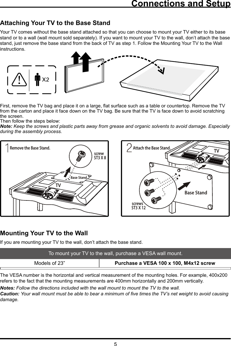 5Connections and SetupAttaching Your TV to the Base StandYour TV comes without the base stand attached so that you can choose to mount your TV either to its base stand or to a wall (wall mount sold separately). If you want to mount your TV to the wall, don’t attach the base stand, just remove the base stand from the back of TV as step 1. Follow the Mounting Your TV to the Wall instructions.First, remove the TV bag and place it on a large, at surface such as a table or countertop. Remove the TV from the carton and place it face down on the TV bag. Be sure that the TV is face down to avoid scratching the screen.Then follow the steps below:Note: Keep the screws and plastic parts away from grease and organic solvents to avoid damage. Especially during the assembly process.Mounting Your TV to the WallIf you are mounting your TV to the wall, don’t attach the base stand. To mount your TV to the wall, purchase a VESA wall mount.Models of 23”  Purchase a VESA 100 x 100, M4x12 screwThe VESA number is the horizontal and vertical measurement of the mounting holes. For example, 400x200 refers to the fact that the mounting measurements are 400mm horizontally and 200mm vertically.Notes: Follow the directions included with the wall mount to mount the TV to the wall.Caution: Your wall mount must be able to bear a minimum of ve times the TV’s net weight to avoid causing damage.TVBase StandscrewsST3 X 12screwRemove the Base Stand. Attach the Base Stand.ST3 X 8TVBase Stand