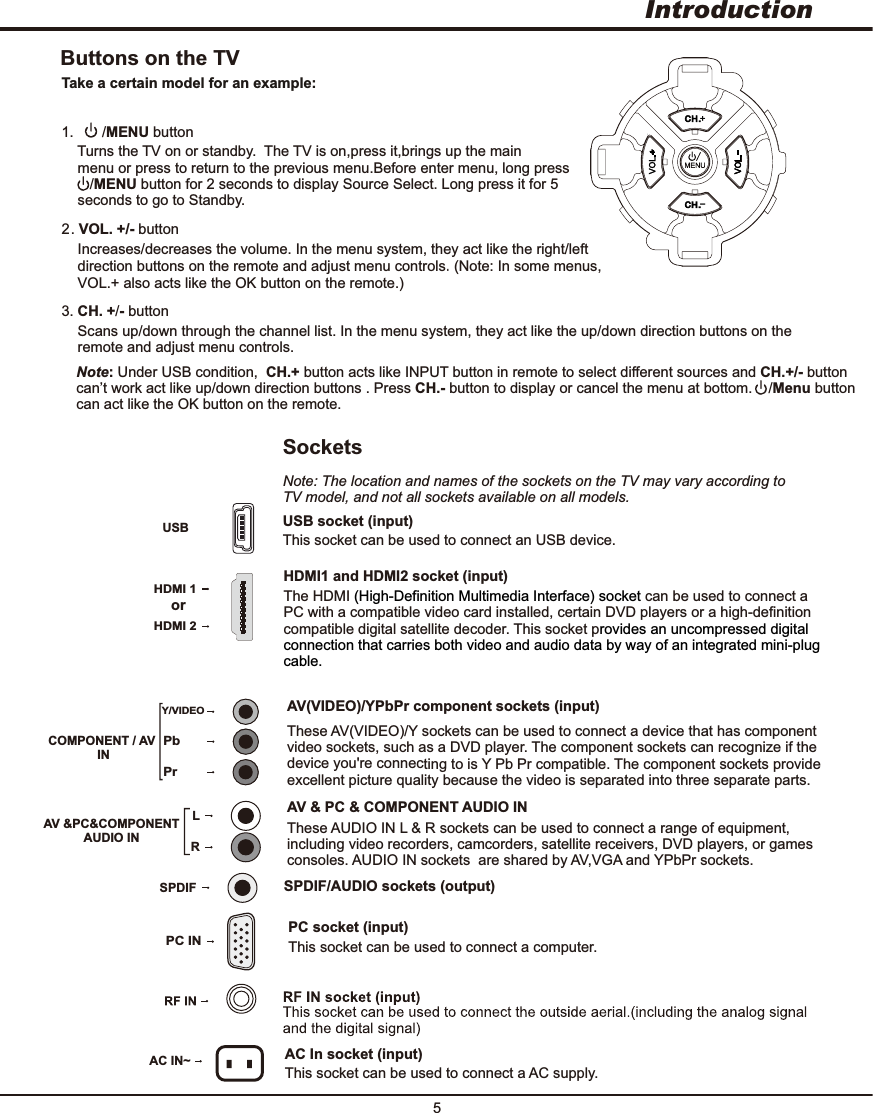 5USB socket (input) SocketsNote: The location and names of the sockets on the TV may vary according to TV model, and not all sockets available on all models.    USB  This socket can be used to connect an USB device. Introduction1.       / button MENU    Turns the TV on or standby.     menu or press to return to the previous menu.Before enter menu, long press       /MENU button for 2 seconds to display Source Select. Long press it for 5     seconds to go to Standby. The TV is on,press it,brings up the main Buttons on the TVTake a certain model for an example:    Note: Under USB condition,  CH.+ button acts like INPUT button in remote to select different sources and CH.+/- button     can’t work act like up/down direction buttons . Press CH.- button to display or cancel the menu at bottom.    /Menu button     can act like the OK button on the remote.3. CH. +/- button    Scans up/down through the channel list. In the menu system, they act like the up/down     remote and adjust menu controls.direction buttons on the  2. VOL. +/- button    Increases/decreases the volume. In the menu system, they act like the right/left     direction buttons on the remote and adjust menu controls. (Note: In some menus,     VOL.+ also acts like the OK button on the remote.) HDMI 1HDMI1 and HDMI2 socket (input) HDMI 2or The HDMI can be used to connect a PC with a compatible video card installed, certain DVD players or a high-definition compatible digital satellite decoder. This socket p(High-Definition Multimedia Interface) socket rovides an uncompressed digital connection that carries both video and audio data by way of an integrated mini-plug cable.AV(VIDEO)/YPbPr component sockets (input) Y/VIDEOPbPrCOMPONENT / AV IN These AV(VIDEO)/Y sockets can be used to connect a device that has componentvideo sockets, such as a DVD player. The component sockets can recognize if thedevice you&apos;re connecting to is Y Pb Pr compatible. The component sockets provide excellent picture quality because the video is separated into three separate parts. CH.-CH.++RLAV &amp;PC&amp;COMPONENTAUDIO INAV &amp; PC &amp;  AUDIO IN COMPONENT These AUDIO IN L &amp; R sockets can be used to connect a range of equipment, including video recorders, camcorders, satellite receivers, DVD players, or gamesconsoles. AUDIO IN sockets  are shared by AV, VGA and YPbPr sockets.SPDIF SPDIF/AUDIO sockets (output) PC socket (input)This socket can be used to connect a computer. PC INAC IN~AC In socket (input) This socket can be used to connect a . AC supply