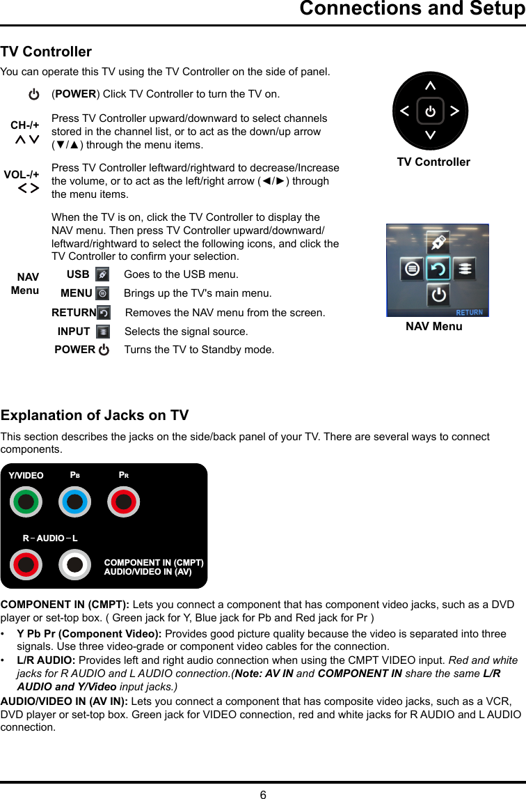 6Connections and SetupExplanation of Jacks on TVThis section describes the jacks on the side/back panel of your TV. There are several ways to connect components.Y/VIDEO PRPBAUDIO LRCOMPONENT IN (CMPT)AUDIO/VIDEO IN (AV)COMPONENT IN (CMPT): Lets you connect a component that has component video jacks, such as a DVD player or set-top box. ( Green jack for Y, Blue jack for Pb and Red jack for Pr ) •  Y Pb Pr (Component Video): Provides good picture quality because the video is separated into three signals. Use three video-grade or component video cables for the connection. •  L/R AUDIO: Provides left and right audio connection when using the CMPT VIDEO input. Red and white jacks for R AUDIO and L AUDIO connection.(Note: AV IN and COMPONENT IN share the same L/R AUDIO and Y/Video input jacks.)AUDIO/VIDEO IN (AV IN): Lets you connect a component that has composite video jacks, such as a VCR, DVD player or set-top box. Green jack for VIDEO connection, red and white jacks for R AUDIO and L AUDIO connection.  TV ControllerNAV MenuTV ControllerYou can operate this TV using the TV Controller on the side of panel. (POWER) Click TV Controller to turn the TV on.CH-/+  Press TV Controller upward/downward to select channels stored in the channel list, or to act as the down/up arrow (▼/▲) through the menu items.VOL-/+  Press TV Controller leftward/rightward to decrease/Increase the volume, or to act as the left/right arrow (◄/►) through the menu items.NAV Menu When the TV is on, click the TV Controller to display the NAV menu. Then press TV Controller upward/downward/leftward/rightward to select the following icons, and click the TV Controller to conrm your selection.     USB        Goes to the USB menu.   MENU       Brings up the TV&apos;s main menu.RETURN      Removes the NAV menu from the screen.  INPUT        Selects the signal source. POWER       Turns the TV to Standby mode.