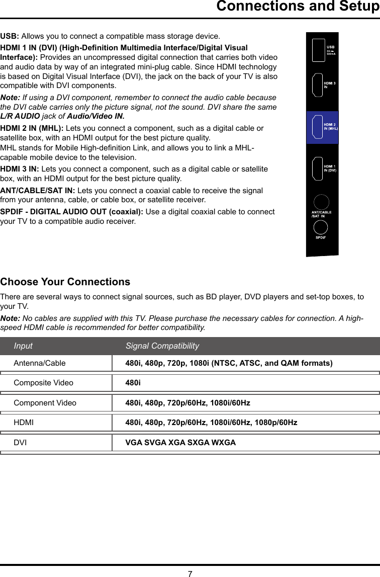 7Connections and SetupUSB: Allows you to connect a compatible mass storage device.HDMI 1 IN (DVI) (High-Denition Multimedia Interface/Digital Visual Interface): Provides an uncompressed digital connection that carries both video and audio data by way of an integrated mini-plug cable. Since HDMI technology is based on Digital Visual Interface (DVI), the jack on the back of your TV is also compatible with DVI components.Note: If using a DVI component, remember to connect the audio cable because the DVI cable carries only the picture signal, not the sound. DVI share the same L/R AUDIO jack of Audio/Video IN.HDMI 2 IN (MHL): Lets you connect a component, such as a digital cable or satellite box, with an HDMI output for the best picture quality.MHL stands for Mobile High-denition Link, and allows you to link a MHL-capable mobile device to the television.  HDMI 3 IN: Lets you connect a component, such as a digital cable or satellite box, with an HDMI output for the best picture quality.ANT/CABLE/SAT IN: Lets you connect a coaxial cable to receive the signal from your antenna, cable, or cable box, or satellite receiver.SPDIF - DIGITAL AUDIO OUT (coaxial): Use a digital coaxial cable to connect your TV to a compatible audio receiver. Choose Your ConnectionsThere are several ways to connect signal sources, such as BD player, DVD players and set-top boxes, to your TV. Note: No cables are supplied with this TV. Please purchase the necessary cables for connection. A high-speed HDMI cable is recommended for better compatibility.Input  Signal CompatibilityAntenna/Cable 480i, 480p, 720p, 1080i (NTSC, ATSC, and QAM formats)Composite Video 480iComponent Video 480i, 480p, 720p/60Hz, 1080i/60HzHDMI 480i, 480p, 720p/60Hz, 1080i/60Hz, 1080p/60HzDVI VGA SVGA XGA SXGA WXGA