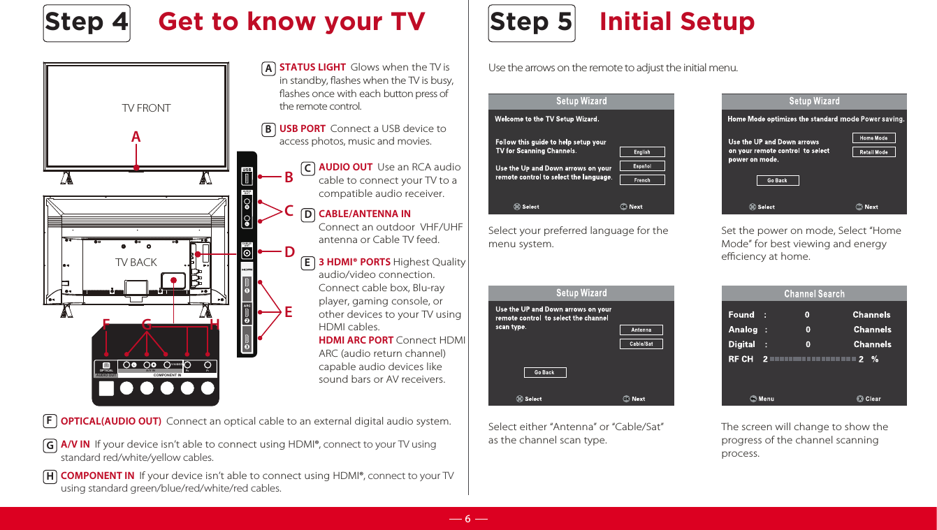 OPTICALY/VIDEOPbPrA/V IN  COMPONENT IN  AUDIO OUTSTATUS LIGHT  Glows when the TV is in standby, ﬂashes when the TV is busy, ﬂashes once with each button press of the remote control.BCDEFGTV BACKTV FRONTStep 4AAUD IOOUTCAB LE/ANTHAUSB PORT  Connect a USB device to access photos, music and movies.BAUDIO OUT  Use an RCA audio cable to connect your TV to a compatible audio receiver.CCABLE/ANTENNA IN  Connect an outdoor  VHF/UHF antenna or Cable TV feed. D3 HDMI® PORTS Highest Quality audio/video connection. Connect cable box, Blu-ray player, gaming console, or other devices to your TV using HDMI cables.HDMI ARC PORT Connect HDMI ARC (audio return channel) capable audio devices like sound bars or AV receivers.E6Get to know your TV Step 5 Initial SetupOPTICAL(AUDIO OUT)  Connect an optical cable to an external digital audio system. FA/V IN  If your device isn’t able to connect using HDMI®, connect to your TV using standard red/white/yellow cables. GCOMPONENT IN  If your device isn’t able to connect using HDMI®, connect to your TV using standard green/blue/red/white/red cables. HThe screen will change to show the progress of the channel scanning  process.Use the arrows on the remote to adjust the initial menu.Select your preferred language for the menu system.Set the power on mode, Select “Home Mode” for best viewing and energy eciency at home. Select either “Antenna” or “Cable/Sat” as the channel scan type.