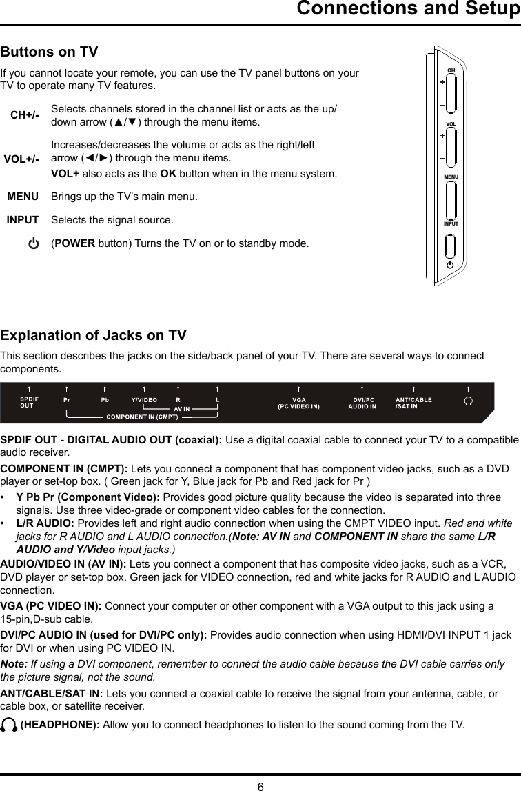 6Connections and SetupButtons on TVIf you cannot locate your remote, you can use the TV panel buttons on your TV to operate many TV features.CH+/- Selects channels stored in the channel list or acts as the up/down arrow (▲/▼) through the menu items.VOL+/-Increases/decreases the volume or acts as the right/left arrow (◄/►) through the menu items.VOL+ also acts as the OK button when in the menu system. MENU Brings up the TV’s main menu.INPUT  Selects the signal source.  (POWER button) Turns the TV on or to standby mode.Explanation of Jacks on TVThis section describes the jacks on the side/back panel of your TV. There are several ways to connect components.SPDIF OUT - DIGITAL AUDIO OUT (coaxial): Use a digital coaxial cable to connect your TV to a compatible audio receiver. COMPONENT IN (CMPT): Lets you connect a component that has component video jacks, such as a DVD player or set-top box. ( Green jack for Y, Blue jack for Pb and Red jack for Pr ) •  Y Pb Pr (Component Video): Provides good picture quality because the video is separated into three signals. Use three video-grade or component video cables for the connection. •  L/R AUDIO: Provides left and right audio connection when using the CMPT VIDEO input. Red and white jacks for R AUDIO and L AUDIO connection.(Note: AV IN and COMPONENT IN share the same L/R AUDIO and Y/Video input jacks.)AUDIO/VIDEO IN (AV IN): Lets you connect a component that has composite video jacks, such as a VCR, DVD player or set-top box. Green jack for VIDEO connection, red and white jacks for R AUDIO and L AUDIO connection.  VGA (PC VIDEO IN): Connect your computer or other component with a VGA output to this jack using a 15-pin,D-sub cable.DVI/PC AUDIO IN (used for DVI/PC only): Provides audio connection when using HDMI/DVI INPUT 1 jack for DVI or when using PC VIDEO IN. Note: If using a DVI component, remember to connect the audio cable because the DVI cable carries only the picture signal, not the sound.ANT/CABLE/SAT IN: Lets you connect a coaxial cable to receive the signal from your antenna, cable, or cable box, or satellite receiver. (HEADPHONE): Allow you to connect headphones to listen to the sound coming from the TV.MENUINPUTMENUINPUT