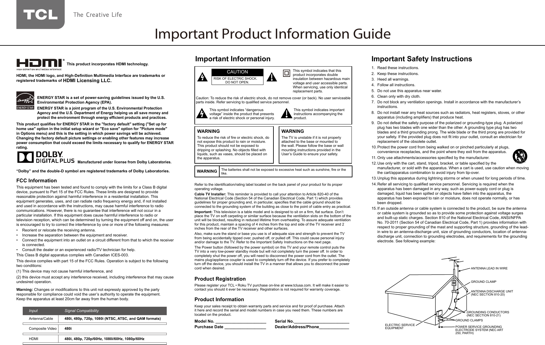 Important Product Information GuideCable TV Installer: Important: Product RegistrationProduct InformationModel No. ______________________ Serial No.________________________Purchase Date __________________ Dealer/Address/Phone_____________Important InformationWARNING WARNINGWARNINGImportant Safety Instructions         ANTENNA LEAD IN WIREGROUND CLAMPGROUNDING CONDUCTORS(NEC SECTION 810-21)GROUND CLAMPSPOWER SERVICE GROUNDINGELECTRODE SYSTEM(NEC ART 250, PARTH)ELECTRIC SERVICEEQUIPMENTANTENNA DISCHARGE UNIT(NEC SECTION 810-20)  This product incorporates HDMI technology.HDMI Licensing LLC.FCC Information    Warning:Keep the apparatus at least 20cm far away from the human body. Input  Signal Compatibility 480i, 480p, 720p, 1080i (NTSC, ATSC, and QAM formats) 480i 480i, 480p, 720p/60Hz, 1080i/60Hz, 1080p/60Hz    Manufactured under license from Dolby Laboratories. ENERGY STAR is a set of power-saving guidelines issued by the U.S. Environmental Protection Agency (EPA).ENERGY STAR is a joint program of the U.S. Environmental Protection Agency and the U.S. Department of Energy helping us all save money and in Options menu) and this is the setting in which power savings will be achieved. Changing the factory default picture settings or enabling other features may increase power consumption that could exceed the limits necessary to qualify for ENERGY STAR rating.