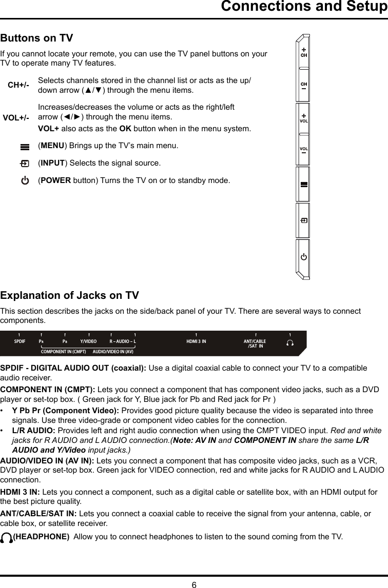 6Connections and SetupExplanation of Jacks on TVThis section describes the jacks on the side/back panel of your TV. There are several ways to connect components.ANT/CABLE/SAT  INY/VIDEOPBPRLRAUDIOCOMPONENT IN (CMPT) AUDIO/VIDEO IN (AV)SPDIF  HDMI 3IN SPDIF - DIGITAL AUDIO OUT (coaxial): Use a digital coaxial cable to connect your TV to a compatible audio receiver.COMPONENT IN (CMPT): Lets you connect a component that has component video jacks, such as a DVD player or set-top box. ( Green jack for Y, Blue jack for Pb and Red jack for Pr ) •  Y Pb Pr (Component Video): Provides good picture quality because the video is separated into three signals. Use three video-grade or component video cables for the connection. •  L/R AUDIO: Provides left and right audio connection when using the CMPT VIDEO input. Red and white jacks for R AUDIO and L AUDIO connection.(Note: AV IN and COMPONENT IN share the same L/R AUDIO and Y/Video input jacks.)AUDIO/VIDEO IN (AV IN): Lets you connect a component that has composite video jacks, such as a VCR, DVD player or set-top box. Green jack for VIDEO connection, red and white jacks for R AUDIO and L AUDIO connection.  HDMI 3 IN: Lets you connect a component, such as a digital cable or satellite box, with an HDMI output for the best picture quality.ANT/CABLE/SAT IN: Lets you connect a coaxial cable to receive the signal from your antenna, cable, or cable box, or satellite receiver.(HEADPHONE)  Allow you to connect headphones to listen to the sound coming from the TV.Buttons on TVIf you cannot locate your remote, you can use the TV panel buttons on your TV to operate many TV features.CH+/- Selects channels stored in the channel list or acts as the up/down arrow (▲/▼) through the menu items.VOL+/-Increases/decreases the volume or acts as the right/left arrow (◄/►) through the menu items.VOL+ also acts as the OK button when in the menu system. (MENU) Brings up the TV’s main menu. (INPUT) Selects the signal source.  (POWER button) Turns the TV on or to standby mode.