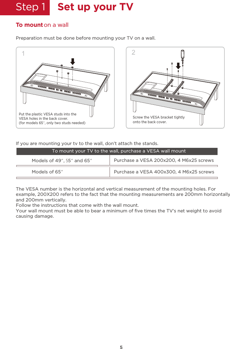 5Step 1    Set up your TVTo mount on a wallPreparation must be done before mounting your TV on a wall. The VESA number is the horizontal and vertical measurement of the mounting holes. Forexample, 200X200 refers to the fact that the mounting measurements are 200mm horizontallyand 200mm vertically.Follow the instructions that come with the wall mount.Your wall mount must be able to bear a minimum of ﬁve times the TV’s net weight to avoidcausing damage.Models of 49”, 55” and 65”Models of 65”Purchase a VESA 200x200, 4 M6x25 screwsPurchase a VESA 400x300, 4 M6x25 screwsIf you are mounting your tv to the wall, don’t attach the stands. To mount your TV to the wall, purchase a VESA wall mountPut the plastic VESA studs into the VESA holes in the back cover.(for models 65”, only two studs needed)Screw the VESA bracket tightlyonto the back cover.