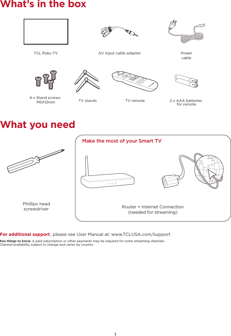 What’s in the box1TCL Roku TV AV Input cable adapter2 x AAA batteries for remote4 x Stand screwsM5X12mm TV standsPowercableTV remoteWhat you needPhillips head screwdriverFor additional support, please see User Manual at: www.TCLUSA.com/supportKey things to know: A paid subscription or other payments may be required for some streaming channels. Channel availability subject to change and varies by country.Make the most of your Smart TV Router + Internet Connection(needed for streaming)