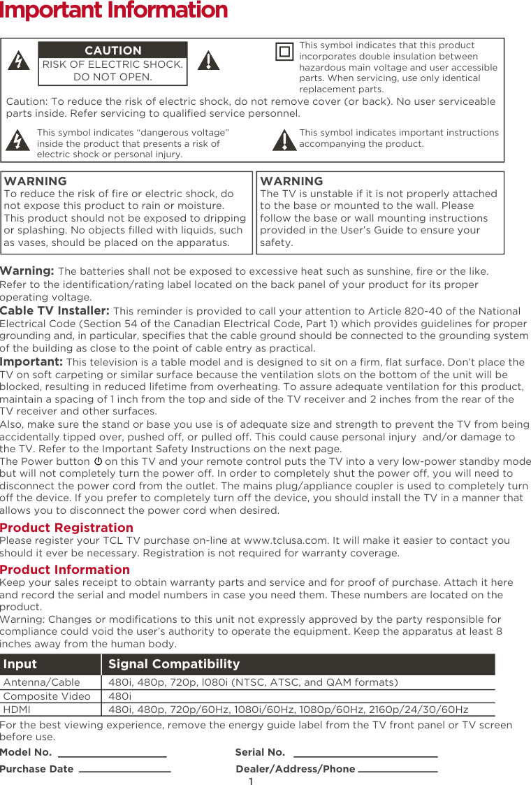 Page 3 of TTE Technology 55S401 LED TV User Manual 70 43MS10 QSG9B