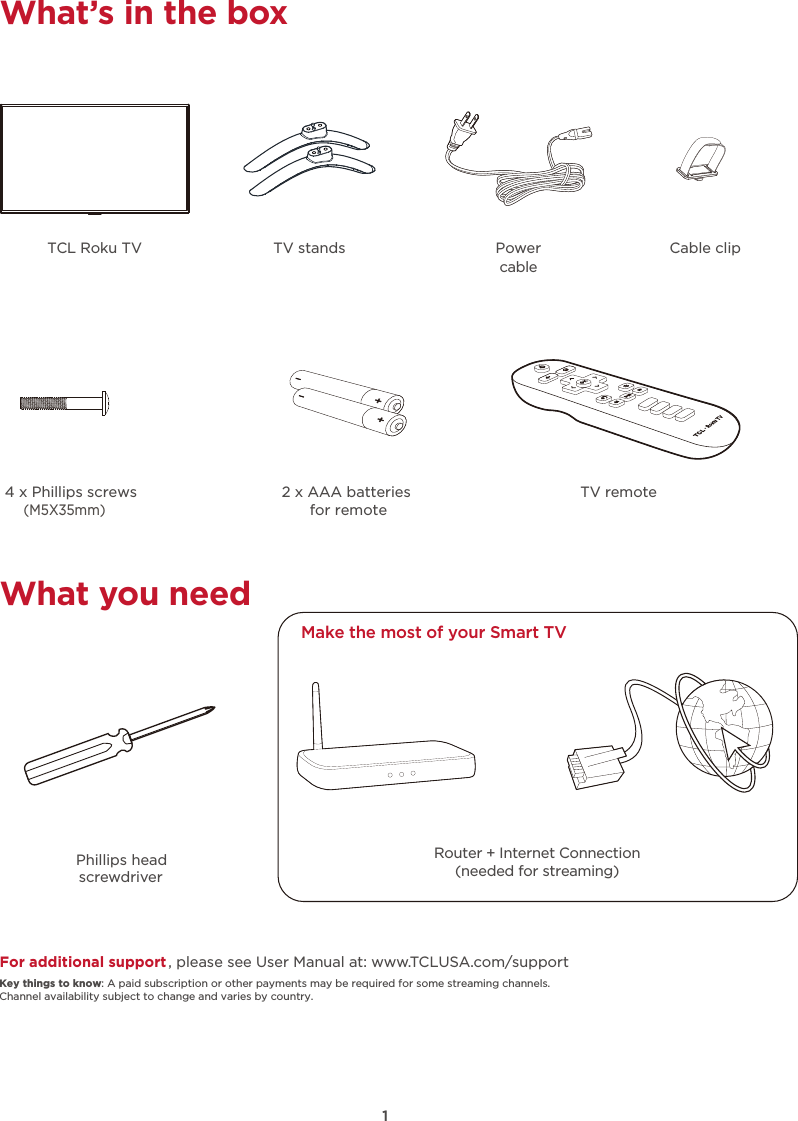 1What’s in the boxTV stands PowercableTCL Roku TV2 x AAA batteries for remoteTV remoteWhat you needPhillips head screwdriverFor additional support, please see User Manual at: www.TCLUSA.com/supportKey things to know: A paid subscription or other payments may be required for some streaming channels. Channel availability subject to change and varies by country.Make the most of your Smart TV Router + Internet Connection(needed for streaming)4 x Phillips screws(M5X35mm)Cable clip