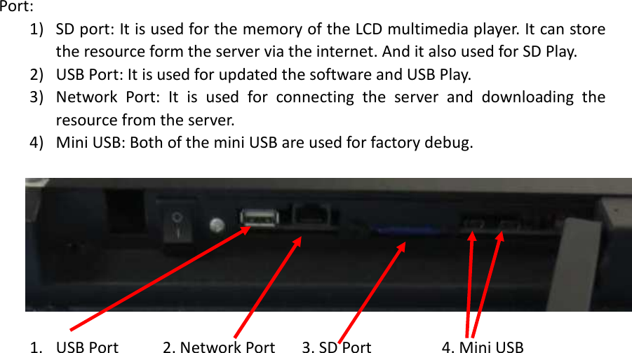  Port: 1) SD port: It is used for the memory of the LCD multimedia player. It can store the resource form the server via the internet. And it also used for SD Play. 2) USB Port: It is used for updated the software and USB Play. 3) Network  Port:  It  is  used  for  connecting  the  server  and  downloading  the resource from the server. 4) Mini USB: Both of the mini USB are used for factory debug.    1. USB Port          2. Network Port      3. SD Port                4. Mini USB 