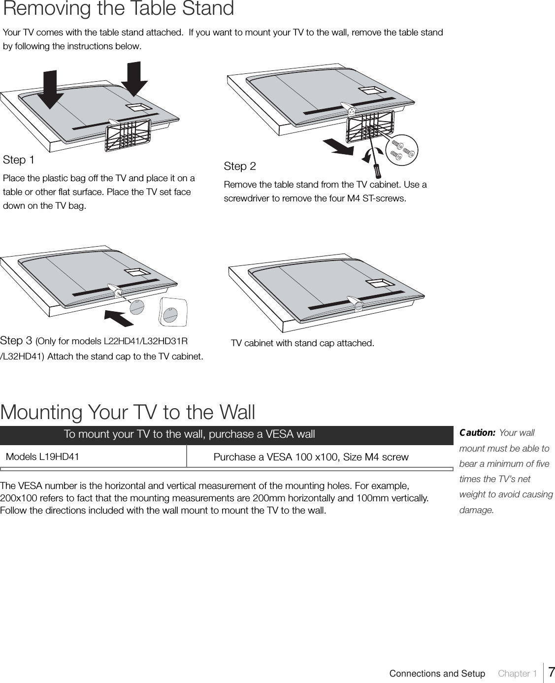 Removing the Table StandYour TV comes with the table stand attached.  If you want to mount your TV to the wall, remove the table standby following the instructions below.Step 1Place the plastic bag off the TV and place it on atable or other flat surface. Place the TV set facedown on the TV bag.Step 3 (Only for models L22HD41/L32HD31R/L32HD41) Attach the stand cap to the TV cabinet.TV cabinet with stand cap attached.Connections and Setup     Chapter 1    7Step 2Remove the table stand from the TV cabinet. Use ascrewdriver to remove the four M4 ST-screws.Mounting Your TV to the WallThe VESA number is the horizontal and vertical measurement of the mounting holes. For example,200x100 refers to fact that the mounting measurements are 200mm horizontally and 100mm vertically.Follow the directions included with the wall mount to mount the TV to the wall.Caution:     Your wallmount must be able tobear a minimum of fivetimes the TV’s netweight to avoid causingdamage.To mount your TV to the wall, purchase a VESA wallModels L19HD41 Purchase a VESA 100 x100, Size M4 screw