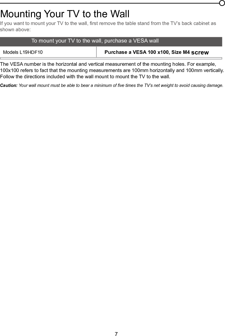  7Chapter 1 Connections and SetupIf you want to mount your TV to the wall, rst remove the table stand from the TV’s back cabinet as shown above:Mounting Your TV to the WallThe VESA number is the horizontal and vertical measurement of the mounting holes. For example, 100x100 refers to fact that the mounting measurements are 100mm horizontally and 100mm vertically.Follow the directions included with the wall mount to mount the TV to the wall.Caution: Your wall mount must be able to bear a minimum of ve times the TV’s net weight to avoid causing damage.To mount your TV to the wall, purchase a VESA wallModels L19HDF10 Purchase a VESA 100 x100, Size M4 screw          