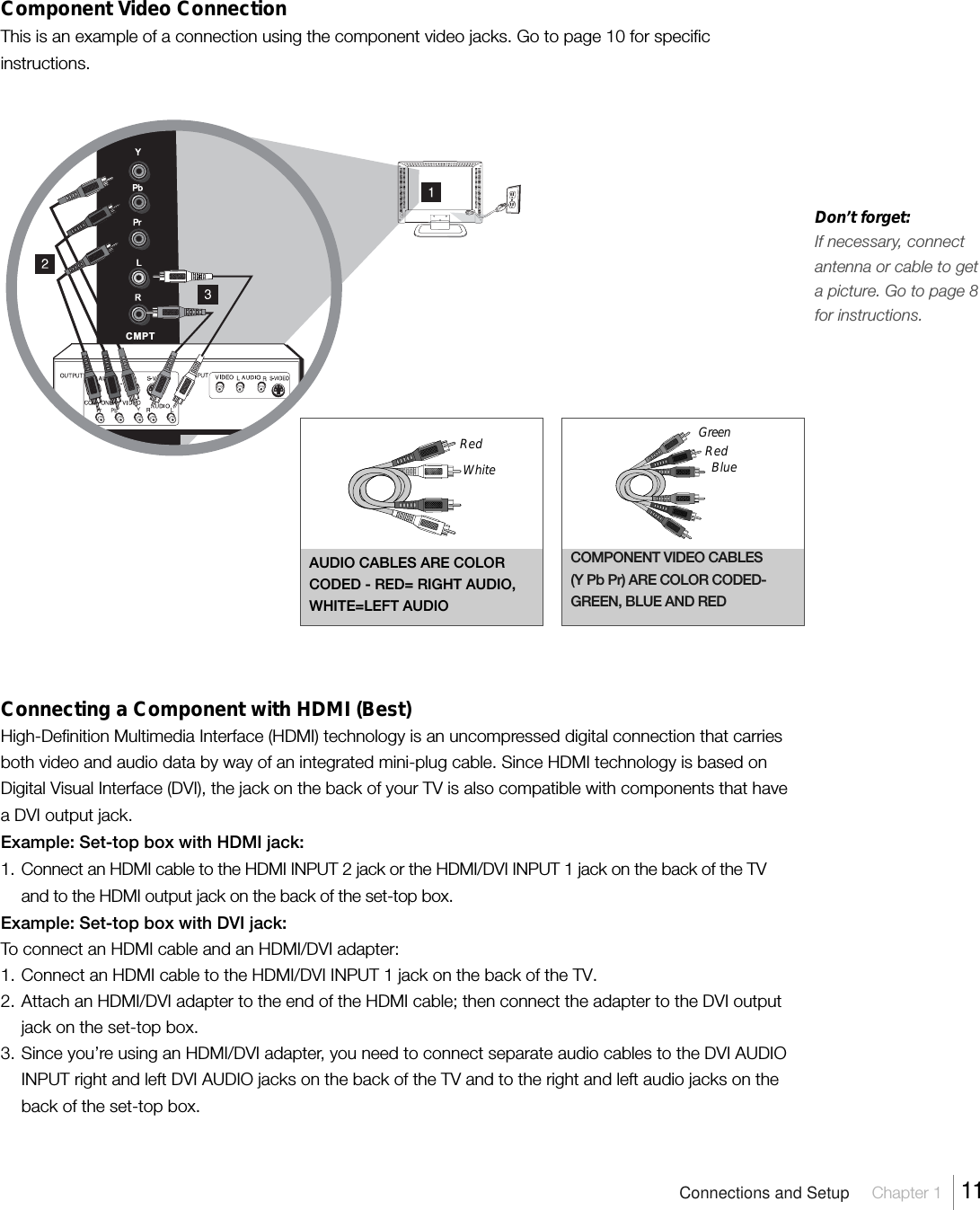 Don’t forget:If necessary, connectantenna or cable to geta picture. Go to page 8for instructions.Component Video ConnectionThis is an example of a connection using the component video jacks. Go to page 10 for specificinstructions.Connecting a Component with HDMI (Best)High-Definition Multimedia Interface (HDMI) technology is an uncompressed digital connection that carriesboth video and audio data by way of an integrated mini-plug cable. Since HDMI technology is based onDigital Visual Interface (DVI), the jack on the back of your TV is also compatible with components that havea DVI output jack.Example: Set-top box with HDMI jack:1. Connect an HDMI cable to the HDMI INPUT 2 jack or the HDMI/DVI INPUT 1 jack on the back of the TVand to the HDMI output jack on the back of the set-top box.Example: Set-top box with DVI jack:To connect an HDMI cable and an HDMI/DVI adapter:1. Connect an HDMI cable to the HDMI/DVI INPUT 1 jack on the back of the TV.2. Attach an HDMI/DVI adapter to the end of the HDMI cable; then connect the adapter to the DVI outputjack on the set-top box.3. Since you’re using an HDMI/DVI adapter, you need to connect separate audio cables to the DVI AUDIOINPUT right and left DVI AUDIO jacks on the back of the TV and to the right and left audio jacks on theback of the set-top box.CMPTConnections and Setup Chapter 1  11AUDIO CABLES ARE COLORCODED - RED= RIGHT AUDIO,WHITE=LEFT AUDIORedWhiteCOMPONENT VIDEO CABLES(Y Pb Pr) ARE COLOR CODED-GREEN, BLUE AND REDBlueRedGreen