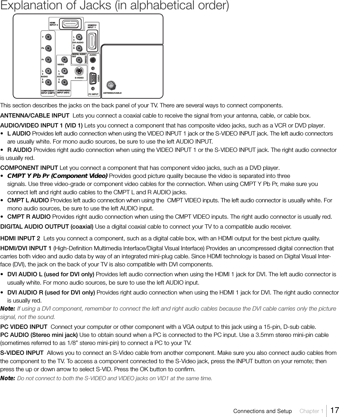 Explanation of Jacks (in alphabetical order)This section describes the jacks on the back panel of your TV. There are several ways to connect components.ANTENNA/CABLE INPUT  Lets you connect a coaxial cable to receive the signal from your antenna, cable, or cable box.AUDIO/VIDEO INPUT 1 (VID 1) Lets you connect a component that has composite video jacks, such as a VCR or DVD player.• L AUDIO Provides left audio connection when using the VIDEO INPUT 1 jack or the S-VIDEO INPUT jack. The left audio connectorsare usually white. For mono audio sources, be sure to use the left AUDIO INPUT.• R AUDIO Provides right audio connection when using the VIDEO INPUT 1 or the S-VIDEO INPUT jack. The right audio connectoris usually red.COMPONENT INPUT Let you connect a component that has component video jacks, such as a DVD player.•CMPT Y Pb Pr (Component Video) Provides good picture quality because the video is separated into threesignals. Use three video-grade or component video cables for the connection. When using CMPT Y Pb Pr, make sure youconnect left and right audio cables to the CMPT L and R AUDIO jacks.•CMPT L AUDIO Provides left audio connection when using the  CMPT VIDEO inputs. The left audio connector is usually white. Formono audio sources, be sure to use the left AUDIO input.•CMPT R AUDIO Provides right audio connection when using the CMPT VIDEO inputs. The right audio connector is usually red.DIGITAL AUDIO OUTPUT (coaxial) Use a digital coaxial cable to connect your TV to a compatible audio receiver.HDMI INPUT 2  Lets you connect a component, such as a digital cable box, with an HDMI output for the best picture quality.HDMI/DVI INPUT 1 (High-Definition Multimedia Interface/Digital Visual Interface) Provides an uncompressed digital connection thatcarries both video and audio data by way of an integrated mini-plug cable. Since HDMI technology is based on Digital Visual Inter-face (DVI), the jack on the back of your TV is also compatible with DVI components.•DVI AUDIO L (used for DVI only) Provides left audio connection when using the HDMI 1 jack for DVI. The left audio connector isusually white. For mono audio sources, be sure to use the left AUDIO input.•DVI AUDIO R (used for DVI only) Provides right audio connection when using the HDMI 1 jack for DVI. The right audio connectoris usually red.Note: If using a DVI component, remember to connect the left and right audio cables because the DVI cable carries only the picturesignal, not the sound.PC VIDEO INPUT  Connect your computer or other component with a VGA output to this jack using a 15-pin, D-sub cable.PC AUDIO (Stereo mini jack) Use to obtain sound when a PC is connected to the PC input. Use a 3.5mm stereo mini-pin cable(sometimes referred to as 1/8” stereo mini-pin) to connect a PC to your TV.S-VIDEO INPUT  Allows you to connect an S-Video cable from another component. Make sure you also connect audio cables fromthe component to the TV. To access a component connected to the S-Video jack, press the INPUT button on your remote; thenpress the up or down arrow to select S-VID. Press the OK button to confirm.Note: Do not connect to both the S-VIDEO and VIDEO jacks on VID1 at the same time.PC INPUT ANTENNA/CABLEHDMIINPUT 2VIDEOHDMI/DVIINPUT  1S-VIDEOAUDIOVIDEOCOMPONENTIN PUT (CMPT) AUDIO/VIDEOINPUT (VID1)YPbPrRAUDIOLRDVI AUDIOLRAUDIOLDIGITAL AUDIO  OUTCOAXIALConnections and Setup Chapter 1  17