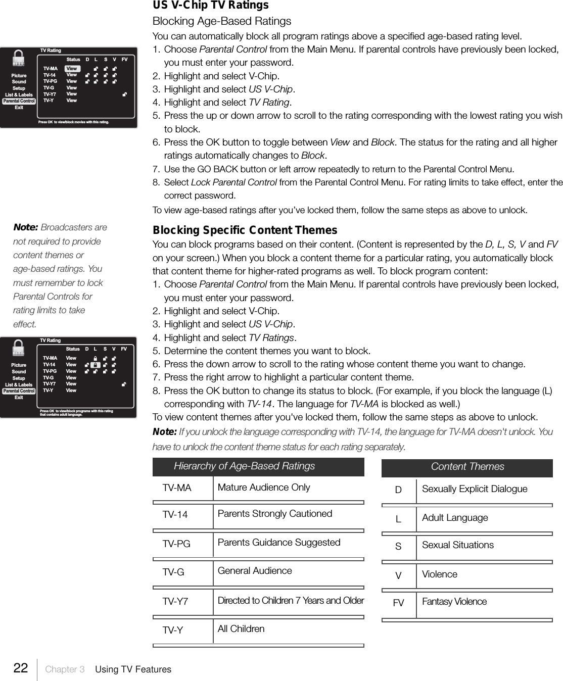 SetupList &amp; LabelsParental ControlSoundExitPictureTV RatingTV-MATV-14TV-PGTV-GTV-Y7TV-YStatusViewViewViewViewViewViewDL SVFVPress OK   to view/block movies with this rating.SetupList &amp; LabelsParental ControlSoundExitPictureTV RatingTV-MATV-14TV-PGTV-GTV-Y7TV-YStatusViewViewViewViewViewViewDSVFVLPress OK   to view/block programs with this rating that contains adult language.Note: Broadcasters arenot required to providecontent themes orage-based ratings. Youmust remember to lockParental Controls forrating limits to takeeffect.22 Chapter 3  Using TV FeaturesUS V-Chip TV RatingsBlocking Age-Based RatingsYou can automatically block all program ratings above a specified age-based rating level.1. Choose Parental Control from the Main Menu. If parental controls have previously been locked,you must enter your password.2. Highlight and select V-Chip.3. Highlight and select US V-Chip.4. Highlight and select TV Rating.5. Press the up or down arrow to scroll to the rating corresponding with the lowest rating you wishto block.6. Press the OK button to toggle between View and Block. The status for the rating and all higherratings automatically changes to Block.7. Use the GO BACK button or left arrow repeatedly to return to the Parental Control Menu.8. Select Lock Parental Control from the Parental Control Menu. For rating limits to take effect, enter thecorrect password.To view age-based ratings after you’ve locked them, follow the same steps as above to unlock.Blocking Specific Content ThemesYou can block programs based on their content. (Content is represented by the D, L, S, V and FVon your screen.) When you block a content theme for a particular rating, you automatically blockthat content theme for higher-rated programs as well. To block program content:1. Choose Parental Control from the Main Menu. If parental controls have previously been locked,you must enter your password.2. Highlight and select V-Chip.3. Highlight and select US V-Chip.4. Highlight and select TV Ratings.5. Determine the content themes you want to block.6. Press the down arrow to scroll to the rating whose content theme you want to change.7. Press the right arrow to highlight a particular content theme.8. Press the OK button to change its status to block. (For example, if you block the language (L)corresponding with TV-14. The language for TV-MA is blocked as well.)To view content themes after you&apos;ve locked them, follow the same steps as above to unlock.Note: If you unlock the language corresponding with TV-14, the language for TV-MA doesn&apos;t unlock. Youhave to unlock the content theme status for each rating separately.Hierarchy of Age-Based RatingsTV-MA Mature Audience OnlyTV-14 Parents Strongly CautionedTV-PG Parents Guidance SuggestedTV-G General AudienceTV-Y7 Directed to Children 7 Years and OlderTV-Y All ChildrenDSexually Explicit DialogueLAdult LanguageSSexual SituationsVViolenceFV Fantasy ViolenceContent Themes