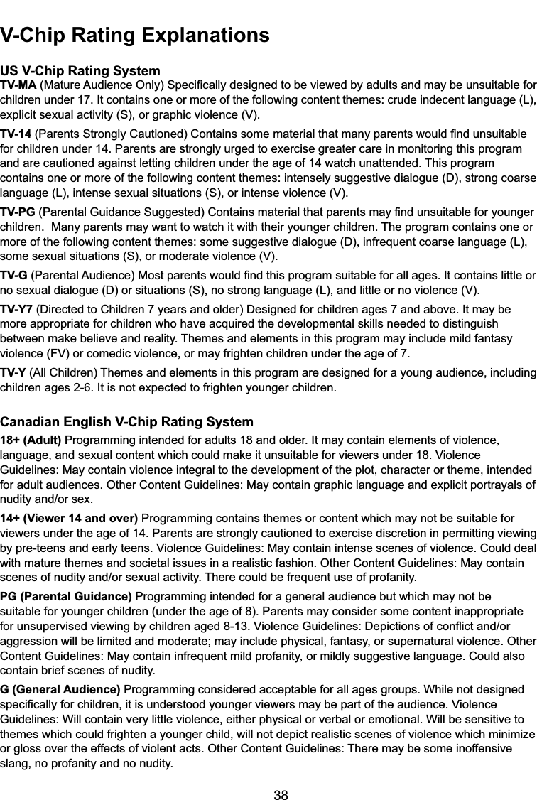 38V-Chip Rating ExplanationsUS V-Chip Rating SystemTV-MA0DWXUH$XGLHQFH2QO\6SHFL¿FDOO\GHVLJQHGWREHYLHZHGE\DGXOWVDQGPD\EHXQVXLWDEOHIRUchildren under 17. It contains one or more of the following content themes: crude indecent language (L), H[SOLFLWVH[XDODFWLYLW\6RUJUDSKLFYLROHQFH9TV-143DUHQWV6WURQJO\&amp;DXWLRQHG&amp;RQWDLQVVRPHPDWHULDOWKDWPDQ\SDUHQWVZRXOG¿QGXQVXLWDEOHfor children under 14. Parents are strongly urged to exercise greater care in monitoring this program and are cautioned against letting children under the age of 14 watch unattended. This program FRQWDLQVRQHRUPRUHRIWKHIROORZLQJFRQWHQWWKHPHVLQWHQVHO\VXJJHVWLYHGLDORJXH&apos;VWURQJFRDUVHODQJXDJH/LQWHQVHVH[XDOVLWXDWLRQV6RULQWHQVHYLROHQFH9TV-PG 3DUHQWDO*XLGDQFH6XJJHVWHG&amp;RQWDLQVPDWHULDOWKDWSDUHQWVPD\¿QGXQVXLWDEOHIRU\RXQJHUchildren.  Many parents may want to watch it with their younger children. The program contains one or PRUHRIWKHIROORZLQJFRQWHQWWKHPHVVRPHVXJJHVWLYHGLDORJXH&apos;LQIUHTXHQWFRDUVHODQJXDJH/VRPHVH[XDOVLWXDWLRQV6RUPRGHUDWHYLROHQFH9TV-G3DUHQWDO$XGLHQFH0RVWSDUHQWVZRXOG¿QGWKLVSURJUDPVXLWDEOHIRUDOODJHV,WFRQWDLQVOLWWOHRUQRVH[XDOGLDORJXH&apos;RUVLWXDWLRQV6QRVWURQJODQJXDJH/DQGOLWWOHRUQRYLROHQFH9TV-Y7&apos;LUHFWHGWR&amp;KLOGUHQ\HDUVDQGROGHU&apos;HVLJQHGIRUFKLOGUHQDJHVDQGDERYH,WPD\EHPRUHDSSURSULDWHIRUFKLOGUHQZKRKDYHDFTXLUHGWKHGHYHORSPHQWDOVNLOOVQHHGHGWRGLVWLQJXLVKEHWZHHQPDNHEHOLHYHDQGUHDOLW\7KHPHVDQGHOHPHQWVLQWKLVSURJUDPPD\LQFOXGHPLOGIDQWDV\YLROHQFH)9RUFRPHGLFYLROHQFHRUPD\IULJKWHQFKLOGUHQXQGHUWKHDJHRITV-Y (All Children) Themes and elements in this program are designed for a young audience, including children ages 2-6. It is not expected to frighten younger children.Canadian English V-Chip Rating System18+ (Adult) Programming intended for adults 18 and older. It may contain elements of violence, ODQJXDJHDQGVH[XDOFRQWHQWZKLFKFRXOGPDNHLWXQVXLWDEOHIRUYLHZHUVXQGHU9LROHQFH*XLGHOLQHV0D\FRQWDLQYLROHQFHLQWHJUDOWRWKHGHYHORSPHQWRIWKHSORWFKDUDFWHURUWKHPHLQWHQGHGIRUDGXOWDXGLHQFHV2WKHU&amp;RQWHQW*XLGHOLQHV0D\FRQWDLQJUDSKLFODQJXDJHDQGH[SOLFLWSRUWUD\DOVRIQXGLW\DQGRUVH[14+ (Viewer 14 and over) Programming contains themes or content which may not be suitable for viewers under the age of 14. Parents are strongly cautioned to exercise discretion in permitting viewing E\SUHWHHQVDQGHDUO\WHHQV9LROHQFH*XLGHOLQHV0D\FRQWDLQLQWHQVHVFHQHVRIYLROHQFH&amp;RXOGGHDOZLWKPDWXUHWKHPHVDQGVRFLHWDOLVVXHVLQDUHDOLVWLFIDVKLRQ2WKHU&amp;RQWHQW*XLGHOLQHV0D\FRQWDLQVFHQHVRIQXGLW\DQGRUVH[XDODFWLYLW\7KHUHFRXOGEHIUHTXHQWXVHRISURIDQLW\PG (Parental Guidance) Programming intended for a general audience but which may not be suitable for younger children (under the age of 8). Parents may consider some content inappropriate IRUXQVXSHUYLVHGYLHZLQJE\FKLOGUHQDJHG9LROHQFH*XLGHOLQHV&apos;HSLFWLRQVRIFRQÀLFWDQGRUDJJUHVVLRQZLOOEHOLPLWHGDQGPRGHUDWHPD\LQFOXGHSK\VLFDOIDQWDV\RUVXSHUQDWXUDOYLROHQFH2WKHU&amp;RQWHQW*XLGHOLQHV0D\FRQWDLQLQIUHTXHQWPLOGSURIDQLW\RUPLOGO\VXJJHVWLYHODQJXDJH&amp;RXOGDOVRcontain brief scenes of nudity.G (General Audience) Programming considered acceptable for all ages groups. While not designed VSHFL¿FDOO\IRUFKLOGUHQLWLVXQGHUVWRRG\RXQJHUYLHZHUVPD\EHSDUWRIWKHDXGLHQFH9LROHQFH*XLGHOLQHV:LOOFRQWDLQYHU\OLWWOHYLROHQFHHLWKHUSK\VLFDORUYHUEDORUHPRWLRQDO:LOOEHVHQVLWLYHWRthemes which could frighten a younger child, will not depict realistic scenes of violence which minimize RUJORVVRYHUWKHHIIHFWVRIYLROHQWDFWV2WKHU&amp;RQWHQW*XLGHOLQHV7KHUHPD\EHVRPHLQRIIHQVLYHslang, no profanity and no nudity. 