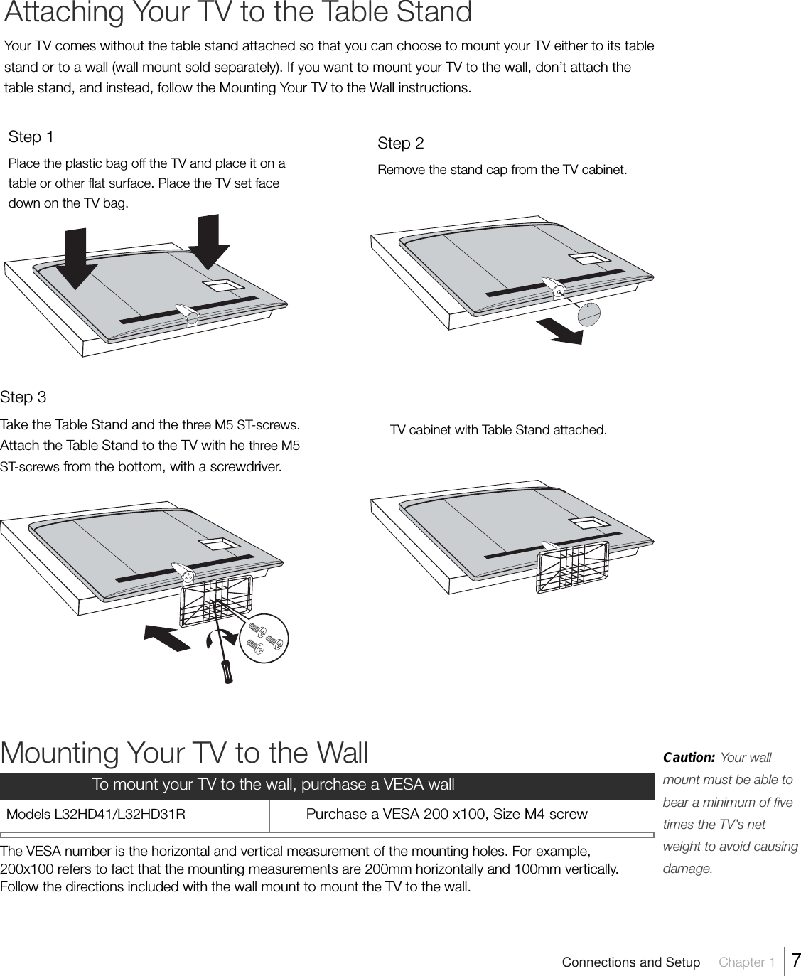 Attaching Your TV to the Table StandYour TV comes without the table stand attached so that you can choose to mount your TV either to its tablestand or to a wall (wall mount sold separately). If you want to mount your TV to the wall, don’t attach thetable stand, and instead, follow the Mounting Your TV to the Wall instructions.Step 1Place the plastic bag off the TV and place it on atable or other flat surface. Place the TV set facedown on the TV bag.Step 3Take the Table Stand and the three M5 ST-screws.Attach the Table Stand to the TV with he three M5ST-screws from the bottom, with a screwdriver.Connections and Setup     Chapter 1    7Step 2Remove the stand cap from the TV cabinet.Mounting Your TV to the WallThe VESA number is the horizontal and vertical measurement of the mounting holes. For example,200x100 refers to fact that the mounting measurements are 200mm horizontally and 100mm vertically.Follow the directions included with the wall mount to mount the TV to the wall.Caution:     Your wallmount must be able tobear a minimum of fivetimes the TV’s netweight to avoid causingdamage.To mount your TV to the wall, purchase a VESA wallTV cabinet with Table Stand attached.Models L32HD41/L32HD31R Purchase a VESA 200 x100, Size M4 screw