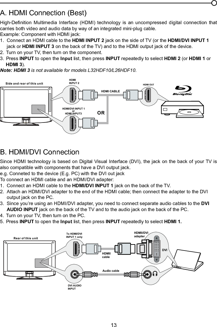   13B. HDMI/DVI ConnectionSince HDMI technology is based on Digital Visual Interface (DVI), the jack on the back of your TV is also compatible with components that have a DVI output jack.e.g. Conneted to the device (E.g. PC) with the DVI out jackTo connect an HDMI cable and an HDMI/DVI adapter:1.  Connect an HDMI cable to the HDMI/DVI INPUT 1 jack on the back of the TV.2.  Attach an HDMI/DVI adapter to the end of the HDMI cable; then connect the adapter to the DVI      output jack on the PC.3.  Since you’re using an HDMI/DVI adapter, you need to connect separate audio cables to the DVI      AUDIO INPUT jack on the back of the TV and to the audio jack on the back of the PC.4.  Turn on your TV, then turn on the PC.5.  Press INPUT to open the Input list, then press INPUT repeatedly to select HDMI 1.A. HDMI Connection (Best)High-Denition  Multimedia  Interface  (HDMI)  technology  is  an  uncompressed  digital  connection  that carries both video and audio data by way of an integrated mini-plug cable.Example: Component with HDMI jack:1.  Connect an HDMI cable to the HDMI INPUT 2 jack on the side of TV (or the HDMI/DVI INPUT 1      jack or HDMI INPUT 3 on the back of the TV) and to the HDMI output jack of the device.2.  Turn on your TV, then turn on the component.3.  Press INPUT to open the Input list, then press INPUT repeatedly to select HDMI 2 (or HDMI 1 or     HDMI 3).Note: HDMI 3 is not available for models L32HDF10/L26HDF10.HDMI OUTHDMI INPUT 2HDMI CABLESide and rear of this unitORHDMI/DVI INPUT 1 or HDMI INPUT3Chapter 1 Connections and SetupRear of this unitTo HDMI/DVIINPUT 1 onlyHDMIIcableAudio cableDVI AUDIO INPUTDVIHDMII/DVIadapter