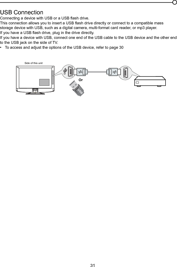   31USB ConnectionConnecting a device with USB or a USB ash drive.This connection allows you to insert a USB ash drive directly or connect to a compatible mass storage device with USB, such as a digital camera, multi-format card reader, or mp3 player.If you have a USB ash drive, plug in the drive directly.If you have a device with USB, connect one end of the USB cable to the USB device and the other end to the USB jack on the side of TV.•  To access and adjust the options of the USB device, refer to page 30Side of this unitOrChapter 3 Using the TV menu