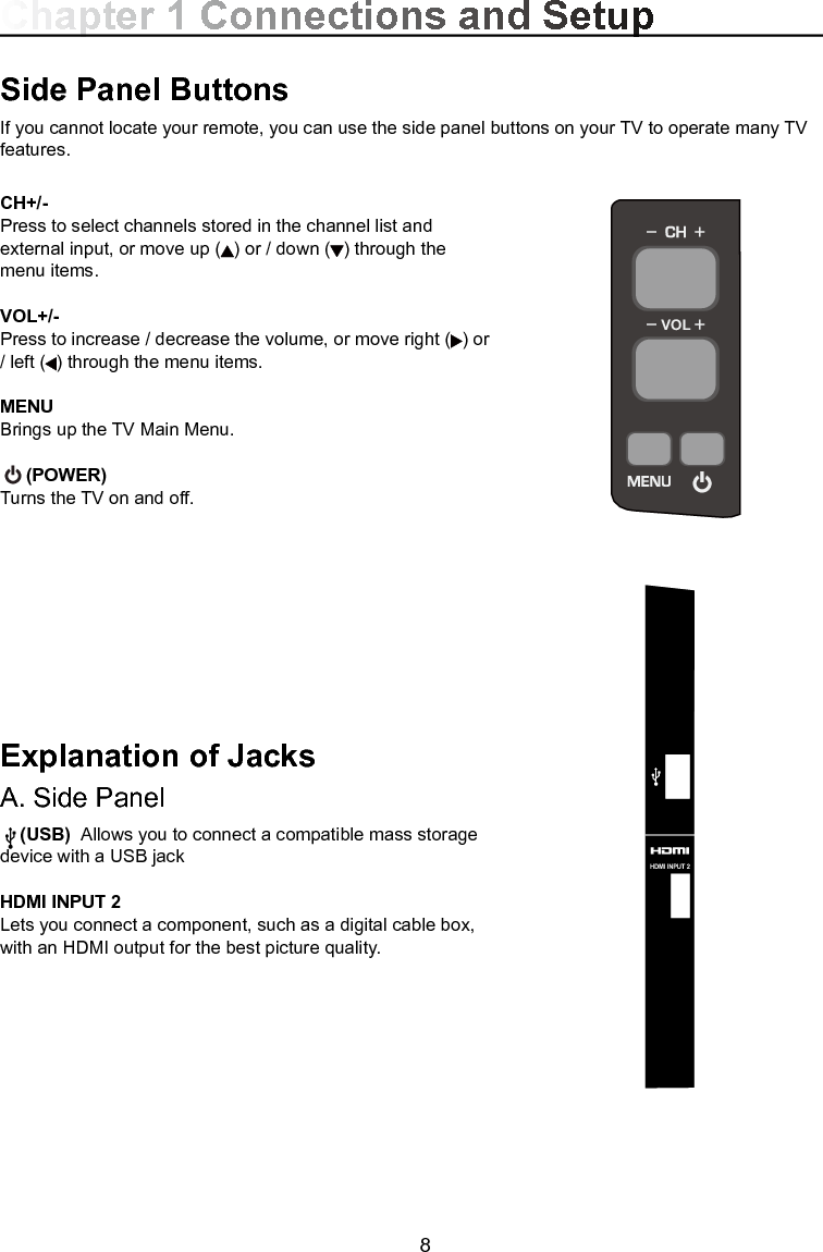  8CH+/-Press to select channels stored in the channel list and external input, or move up ( ) or / down ( ) through the menu items.VOL+/-Press to increase / decrease the volume, or move right ( ) or / left ( ) through the menu items.MENU Brings up the TV Main Menu.   (POWER) Turns the TV on and off.Explanation of JacksA. Side Panel    (USB)  Allows you to connect a compatible mass storage device with a USB jackHDMI INPUT 2Lets you connect a component, such as a digital cable box, with an HDMI output for the best picture quality.Side Panel ButtonsIf you cannot locate your remote, you can use the side panel buttons on your TV to operate many TV features.VOLChapter 1 Connections and SetupHDMI    IN PU T 2