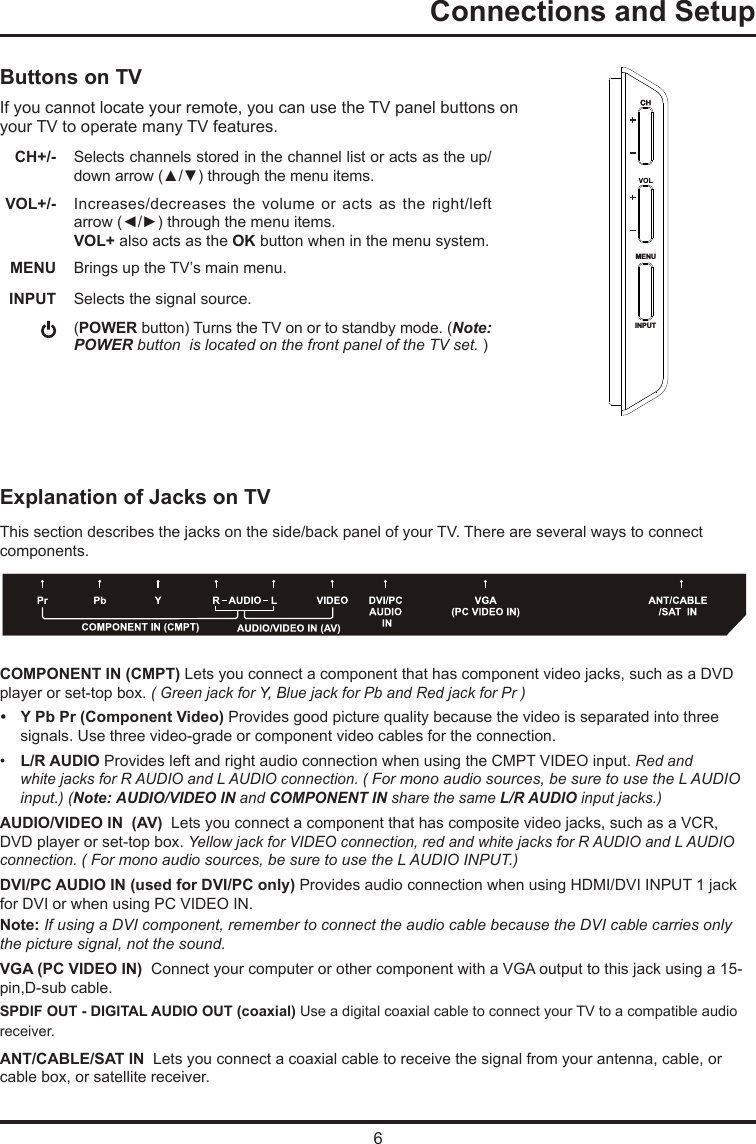 6   Connections and SetupButtons on TVIf you cannot locate your remote, you can use the TV panel buttons on your TV to operate many TV features.CH+/- Selects channels stored in the channel list or acts as the up/down arrow (▲/▼) through the menu items.VOL+/- Increases/decreases the volume  or acts as  the right/left arrow (◄/►) through the menu items.VOL+ also acts as the OK button when in the menu system.MENU Brings up the TV’s main menu. INPUT  Selects the signal source.  (POWER button) Turns the TV on or to standby mode. (Note: POWER button  is located on the front panel of the TV set. )   Explanation of Jacks on TVThis section describes the jacks on the side/back panel of your TV. There are several ways to connect components.COMPONENT IN (CMPT) Lets you connect a component that has component video jacks, such as a DVD player or set-top box. ( Green jack for Y, Blue jack for Pb and Red jack for Pr ) • Y Pb Pr (Component Video) Provides good picture quality because the video is separated into three  signals. Use three video-grade or component video cables for the connection. •    L/R AUDIO Provides left and right audio connection when using the CMPT VIDEO input. Red and white jacks for R AUDIO and L AUDIO connection. ( For mono audio sources, be sure to use the L AUDIO input.) (Note: AUDIO/VIDEO IN and COMPONENT IN share the same L/R AUDIO input jacks.)AUDIO/VIDEO IN  (AV)  Lets you connect a component that has composite video jacks, such as a VCR, DVD player or set-top box. Yellow jack for VIDEO connection, red and white jacks for R AUDIO and L AUDIO connection. ( For mono audio sources, be sure to use the L AUDIO INPUT.) DVI/PC AUDIO IN (used for DVI/PC only) Provides audio connection when using HDMI/DVI INPUT 1 jack for DVI or when using PC VIDEO IN. Note: If using a DVI component, remember to connect the audio cable because the DVI cable carries only the picture signal, not the sound.VGA (PC VIDEO IN)  Connect your computer or other component with a VGA output to this jack using a 15-pin,D-sub cable.SPDIF OUT - DIGITAL AUDIO OUT (coaxial) Use a digital coaxial cable to connect your TV to a compatible audio receiver. ANT/CABLE/SAT IN  Lets you connect a coaxial cable to receive the signal from your antenna, cable, or cable box, or satellite receiver.MENUINPUTMENUINPUT