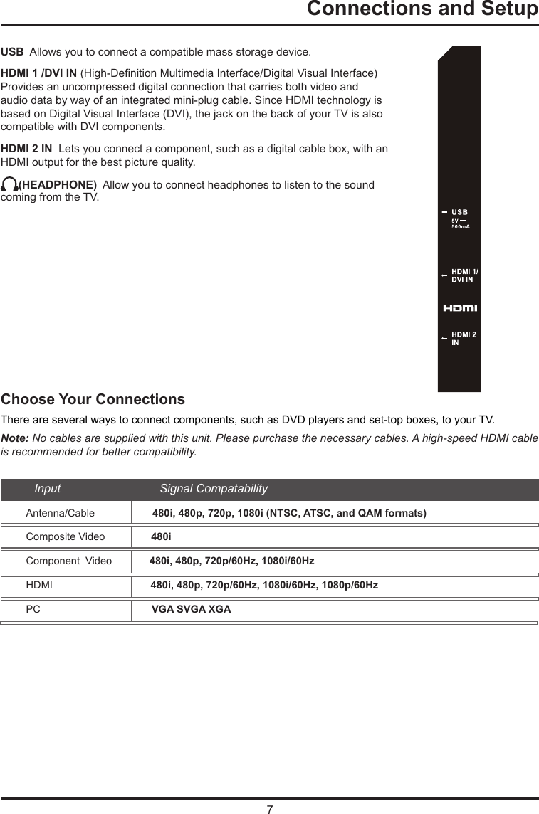 7Connections and Setup   USB  Allows you to connect a compatible mass storage device.HDMI 1 /DVI IN (High-Denition Multimedia Interface/Digital Visual Interface) Provides an uncompressed digital connection that carries both video and audio data by way of an integrated mini-plug cable. Since HDMI technology is based on Digital Visual Interface (DVI), the jack on the back of your TV is also compatible with DVI components.HDMI 2 IN  Lets you connect a component, such as a digital cable box, with an HDMI output for the best picture quality. (HEADPHONE)  Allow you to connect headphones to listen to the sound coming from the TV.Choose Your ConnectionsThere are several ways to connect components, such as DVD players and set-top boxes, to your TV. Note: No cables are supplied with this unit. Please purchase the necessary cables. A high-speed HDMI cable is recommended for better compatibility.Antenna/Cable                    480i, 480p, 720p, 1080i (NTSC, ATSC, and QAM formats)Composite Video                480iComponent  Video             480i, 480p, 720p/60Hz, 1080i/60HzHDMI                                  480i, 480p, 720p/60Hz, 1080i/60Hz, 1080p/60HzPC                               VGA SVGA XGAInput                              Signal Compatability