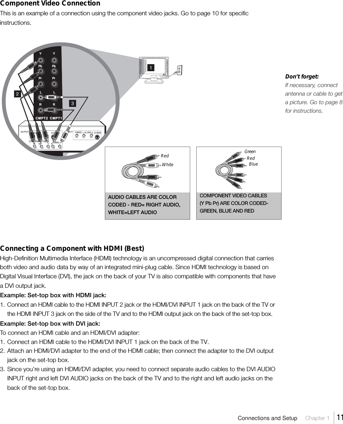 Don’t forget:If necessary, connectantenna or cable to geta picture. Go to page 8for instructions.Component Video ConnectionThis is an example of a connection using the component video jacks. Go to page 10 for specificinstructions.Connecting a Component with HDMI (Best)High-Definition Multimedia Interface (HDMI) technology is an uncompressed digital connection that carriesboth video and audio data by way of an integrated mini-plug cable. Since HDMI technology is based onDigital Visual Interface (DVI), the jack on the back of your TV is also compatible with components that havea DVI output jack.Example: Set-top box with HDMI jack:1. Connect an HDMI cable to the HDMI INPUT 2 jack or the HDMI/DVI INPUT 1 jack on the back of the TV orthe HDMI INPUT 3 jack on the side of the TV and to the HDMI output jack on the back of the set-top box.Example: Set-top box with DVI jack:To connect an HDMI cable and an HDMI/DVI adapter:1. Connect an HDMI cable to the HDMI/DVI INPUT 1 jack on the back of the TV.2. Attach an HDMI/DVI adapter to the end of the HDMI cable; then connect the adapter to the DVI outputjack on the set-top box.3. Since you’re using an HDMI/DVI adapter, you need to connect separate audio cables to the DVI AUDIOINPUT right and left DVI AUDIO jacks on the back of the TV and to the right and left audio jacks on theback of the set-top box.CMPT2 CMPT1Connections and Setup     Chapter 1    11AUDIO CABLES ARE COLORCODED - RED= RIGHT AUDIO,WHITE=LEFT AUDIORedWhiteCOMPONENT VIDEO CABLES(Y Pb Pr) ARE COLOR CODED-GREEN, BLUE AND REDBlueRedGreen