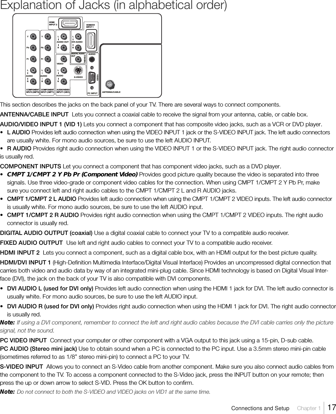 Explanation of Jacks (in alphabetical order)This section describes the jacks on the back panel of your TV. There are several ways to connect components.ANTENNA/CABLE INPUT  Lets you connect a coaxial cable to receive the signal from your antenna, cable, or cable box.AUDIO/VIDEO INPUT 1 (VID 1) Lets you connect a component that has composite video jacks, such as a VCR or DVD player.•L AUDIO Provides left audio connection when using the VIDEO INPUT 1 jack or the S-VIDEO INPUT jack. The left audio connectorsare usually white. For mono audio sources, be sure to use the left AUDIO INPUT.•R AUDIO Provides right audio connection when using the VIDEO INPUT 1 or the S-VIDEO INPUT jack. The right audio connectoris usually red.COMPONENT INPUTS Let you connect a component that has component video jacks, such as a DVD player.•CMPT 1/CMPT 2 Y Pb Pr (Component Video) Provides good picture quality because the video is separated into threesignals. Use three video-grade or component video cables for the connection. When using CMPT 1/CMPT 2 Y Pb Pr, makesure you connect left and right audio cables to the CMPT 1/CMPT 2 L and R AUDIO jacks.•CMPT 1/CMPT 2 L AUDIO Provides left audio connection when using the CMPT 1/CMPT 2 VIDEO inputs. The left audio connectoris usually white. For mono audio sources, be sure to use the left AUDIO input.•CMPT 1/CMPT 2 R AUDIO Provides right audio connection when using the CMPT 1/CMPT 2 VIDEO inputs. The right audioconnector is usually red.DIGITAL AUDIO OUTPUT (coaxial) Use a digital coaxial cable to connect your TV to a compatible audio receiver.FIXED AUDIO OUTPUT  Use left and right audio cables to connect your TV to a compatible audio receiver.HDMI INPUT 2  Lets you connect a component, such as a digital cable box, with an HDMI output for the best picture quality.HDMI/DVI INPUT 1 (High-Definition Multimedia Interface/Digital Visual Interface) Provides an uncompressed digital connection thatcarries both video and audio data by way of an integrated mini-plug cable. Since HDMI technology is based on Digital Visual Inter-face (DVI), the jack on the back of your TV is also compatible with DVI components.•DVI AUDIO L (used for DVI only) Provides left audio connection when using the HDMI 1 jack for DVI. The left audio connector isusually white. For mono audio sources, be sure to use the left AUDIO input.•DVI AUDIO R (used for DVI only) Provides right audio connection when using the HDMI 1 jack for DVI. The right audio connectoris usually red.Note: If using a DVI component, remember to connect the left and right audio cables because the DVI cable carries only the picturesignal, not the sound.PC VIDEO INPUT  Connect your computer or other component with a VGA output to this jack using a 15-pin, D-sub cable.PC AUDIO (Stereo mini jack) Use to obtain sound when a PC is connected to the PC input. Use a 3.5mm stereo mini-pin cable(sometimes referred to as 1/8” stereo mini-pin) to connect a PC to your TV.S-VIDEO INPUT  Allows you to connect an S-Video cable from another component. Make sure you also connect audio cables fromthe component to the TV. To access a component connected to the S-Video jack, press the INPUT button on your remote; thenpress the up or down arrow to select S-VID. Press the OK button to confirm.Note: Do not connect to both the S-VIDEO and VIDEO jacks on VID1 at the same time.PC INPUT ANTENNA/CABLEYPbPrRAUDIOLHDMI INPUT 2VIDEOHDMI/DVIINPUT 1S-VIDEOAUDIOVIDEOCOMPONENT INPUT2 (CMPT2) INPUT1 (CMPT1)COMPONENT  AUDIO/VIDEOINPUT1 (VID1)YPbPrRAUDIOLRAUDIO OUTLRDVI AUDIOLRAUDIOLDIGITAL AUDIO  OUTCOAXIALConnections and Setup     Chapter 1    17