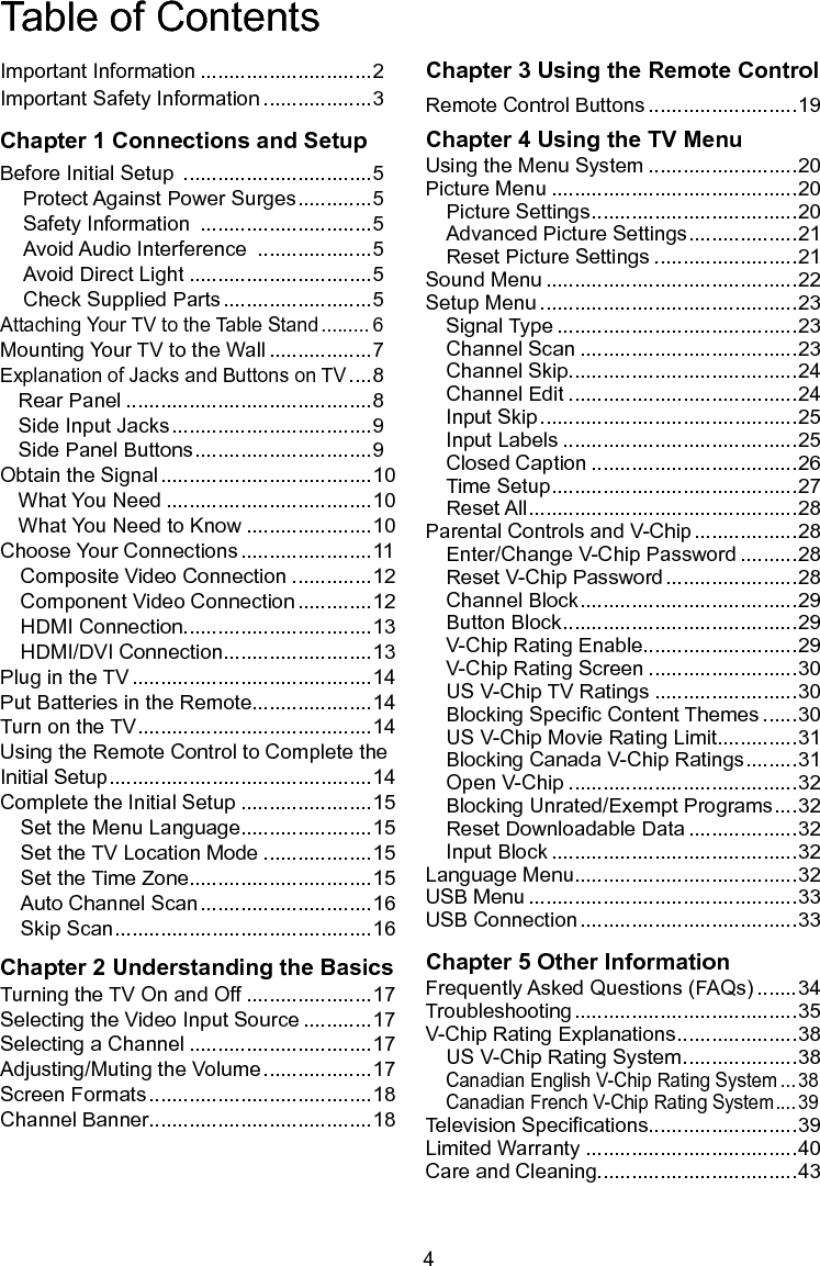  4Important Information ..............................2Important Safety Information ...................3Chapter 1 Connections and Setup Before Initial Setup  .................................5Protect Against Power Surges .............5Safety Information  ..............................5Avoid Audio Interference  ....................5Avoid Direct Light ................................5Check Supplied Parts ..........................5 Attaching Your TV to the Table Stand ......... 6Mounting Your TV to the Wall ..................7Explanation of Jacks and Buttons on TV ....8Rear Panel ...........................................8Side Input Jacks ...................................9Side Panel Buttons ...............................9Obtain the Signal .....................................10What You Need ....................................10What You Need to Know ......................10Choose Your Connections .......................11Composite Video Connection ..............12Component Video Connection .............12HDMI Connection.................................13HDMI/DVI Connection..........................13Plug in the TV ..........................................14Put Batteries in the Remote.....................14Turn on the TV .........................................14Using the Remote Control to Complete the Initial Setup ..............................................14Complete the Initial Setup .......................15Set the Menu Language.......................15Set the TV Location Mode ...................15Set the Time Zone................................15Auto Channel Scan ..............................16Skip Scan .............................................16Chapter 2 Understanding the BasicsTurning the TV On and Off ......................17Selecting the Video Input Source ............17Selecting a Channel ................................17Adjusting/Muting the Volume ...................17Screen Formats .......................................18Channel Banner.......................................18Chapter 3 Using the Remote ControlRemote Control Buttons ..........................19Chapter 4 Using the TV MenuUsing the Menu System ..........................20Picture Menu ...........................................20Picture Settings ....................................20Advanced Picture Settings ...................21Reset Picture Settings .........................21Sound Menu ............................................22Setup Menu .............................................23Signal Type ..........................................23Channel Scan ......................................23Channel Skip........................................24Channel Edit ........................................24Input Skip .............................................25Input Labels .........................................25Closed Caption ....................................26Time Setup ...........................................27Reset All ...............................................28Parental Controls and V-Chip ..................28Enter/Change V-Chip Password ..........28Reset V-Chip Password .......................28Channel Block ......................................29Button Block .........................................29V-Chip Rating Enable...........................29V-Chip Rating Screen ..........................30US V-Chip TV Ratings .........................30Blocking Specic Content Themes ......30US V-Chip Movie Rating Limit..............31Blocking Canada V-Chip Ratings .........31Open V-Chip ........................................32Blocking Unrated/Exempt Programs ....32Reset Downloadable Data ...................32Input Block ...........................................32Language Menu.......................................32USB Menu ...............................................33USB Connection ......................................33Chapter 5 Other InformationFrequently Asked Questions (FAQs) .......34Troubleshooting .......................................35V-Chip Rating Explanations .....................38US V-Chip Rating System ....................38Canadian English V-Chip Rating System ... 38Canadian French V-Chip Rating System .... 39Television Specications..........................39Limited Warranty .....................................40Care and Cleaning...................................43Table of Contents