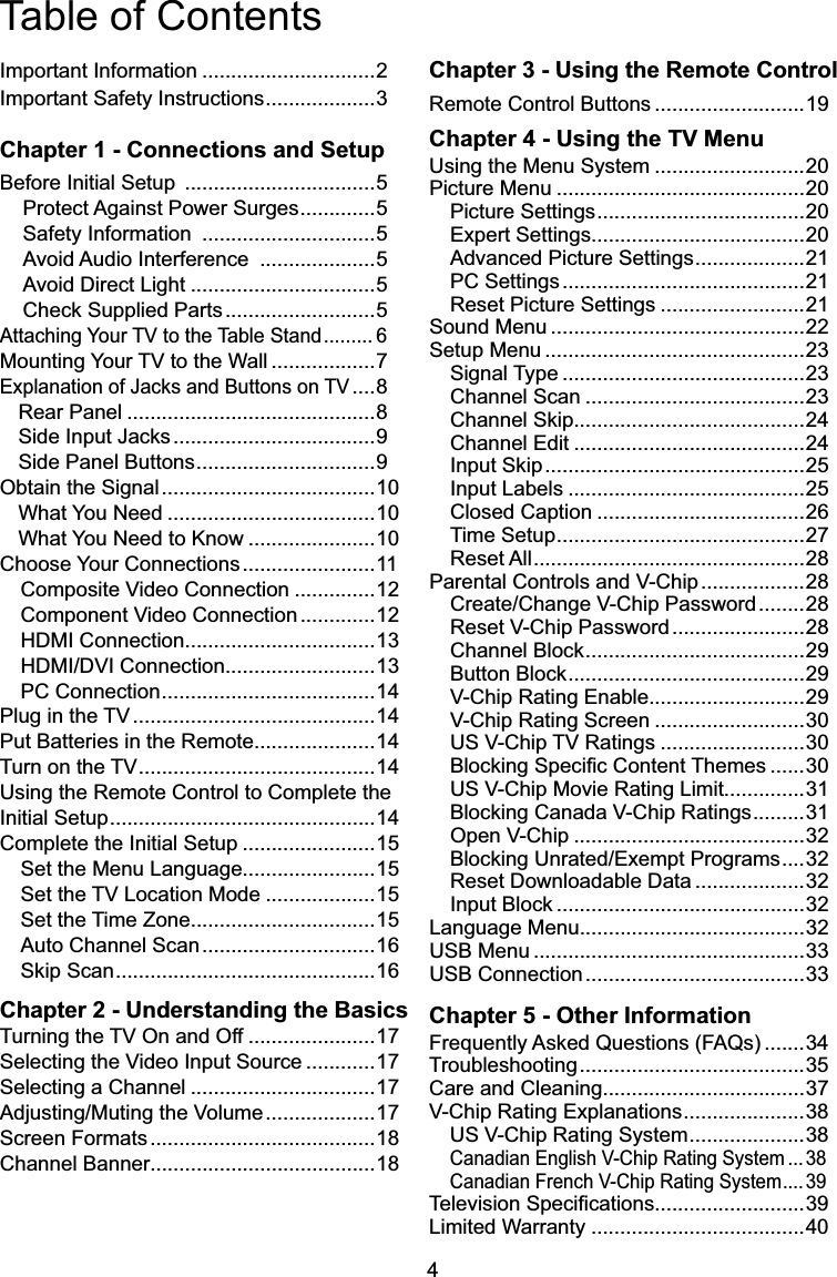 4Important Information ..............................2Important Safety Instructions...................3Chapter 1 - Connections and Setup Before Initial Setup  .................................5Protect Against Power Surges.............5Safety Information  ..............................5Avoid Audio Interference  ....................5$YRLG&apos;LUHFW/LJKW ................................5&amp;KHFN6XSSOLHG3DUWV..........................5$WWDFKLQJ&lt;RXU79WRWKH7DEOH6WDQG......... 60RXQWLQJ&lt;RXU79WRWKH:DOO ..................7([SODQDWLRQRI-DFNVDQG%XWWRQVRQ79....8Rear Panel ...........................................86LGH,QSXW-DFNV...................................9Side Panel Buttons...............................9Obtain the Signal.....................................10What You Need ....................................10What You Need to Know ......................10Choose Your Connections.......................11&amp;RPSRVLWH9LGHR&amp;RQQHFWLRQ ..............12&amp;RPSRQHQW9LGHR&amp;RQQHFWLRQ .............12+&apos;0,&amp;RQQHFWLRQ.................................13+&apos;0,&apos;9,&amp;RQQHFWLRQ..........................13PC Connection.....................................143OXJLQWKH79 ..........................................14Put Batteries in the Remote.....................147XUQRQWKH79.........................................14Using the Remote Control to Complete the Initial Setup..............................................14Complete the Initial Setup .......................15Set the Menu Language.......................156HWWKH79/RFDWLRQ0RGH ...................15Set the Time Zone................................15Auto Channel Scan..............................166NLS6FDQ.............................................16Chapter 2 - Understanding the Basics7XUQLQJWKH792QDQG2II ......................176HOHFWLQJWKH9LGHR,QSXW6RXUFH ............17Selecting a Channel ................................17$GMXVWLQJ0XWLQJWKH9ROXPH ...................17Screen Formats.......................................18Channel Banner.......................................18Chapter 3 - Using the Remote ControlRemote Control Buttons ..........................19Chapter 4 - Using the TV MenuUsing the Menu System ..........................20Picture Menu ...........................................20Picture Settings....................................20Expert Settings.....................................20Advanced Picture Settings...................21PC Settings..........................................21Reset Picture Settings .........................21Sound Menu ............................................22Setup Menu .............................................23Signal Type ..........................................23Channel Scan ......................................23&amp;KDQQHO6NLS........................................24Channel Edit ........................................24,QSXW6NLS.............................................25Input Labels .........................................25Closed Caption ....................................26Time Setup...........................................27Reset All...............................................283DUHQWDO&amp;RQWUROVDQG9&amp;KLS ..................28&amp;UHDWH&amp;KDQJH9&amp;KLS3DVVZRUG ........285HVHW9&amp;KLS3DVVZRUG .......................28&amp;KDQQHO%ORFN......................................29%XWWRQ%ORFN.........................................299&amp;KLS5DWLQJ(QDEOH...........................299&amp;KLS5DWLQJ6FUHHQ ..........................30869&amp;KLS795DWLQJV .........................30%ORFNLQJ6SHFL¿F&amp;RQWHQW7KHPHV ......30869&amp;KLS0RYLH5DWLQJ/LPLW..............31%ORFNLQJ&amp;DQDGD9&amp;KLS5DWLQJV.........312SHQ9&amp;KLS ........................................32%ORFNLQJ8QUDWHG([HPSW3URJUDPV....325HVHW&apos;RZQORDGDEOH&apos;DWD ...................32,QSXW%ORFN ...........................................32Language Menu.......................................32USB Menu ...............................................33USB Connection......................................33Chapter 5 - Other Information)UHTXHQWO\$VNHG4XHVWLRQV)$4V .......34Troubleshooting.......................................35Care and Cleaning...................................379&amp;KLS5DWLQJ([SODQDWLRQV.....................38869&amp;KLS5DWLQJ6\VWHP....................38&amp;DQDGLDQ(QJOLVK9&amp;KLS5DWLQJ6\VWHP ... 38&amp;DQDGLDQ)UHQFK9&amp;KLS5DWLQJ6\VWHP.... 397HOHYLVLRQ6SHFL¿FDWLRQV..........................39Limited Warranty .....................................40Table of Contents