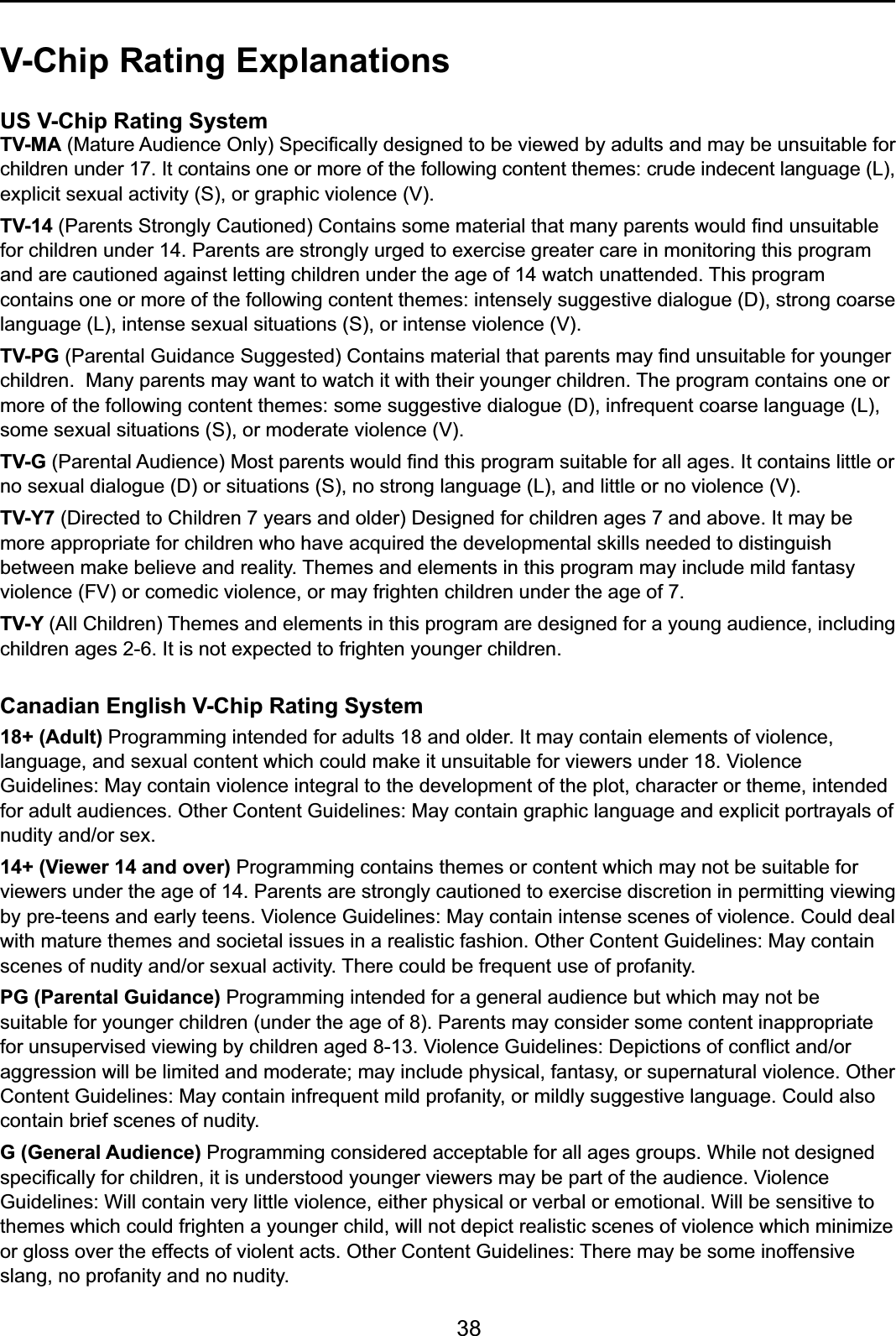 38V-Chip Rating ExplanationsUS V-Chip Rating SystemTV-MA0DWXUH$XGLHQFH2QO\6SHFL¿FDOO\GHVLJQHGWREHYLHZHGE\DGXOWVDQGPD\EHXQVXLWDEOHIRUchildren under 17. It contains one or more of the following content themes: crude indecent language (L), H[SOLFLWVH[XDODFWLYLW\6RUJUDSKLFYLROHQFH9TV-143DUHQWV6WURQJO\&amp;DXWLRQHG&amp;RQWDLQVVRPHPDWHULDOWKDWPDQ\SDUHQWVZRXOG¿QGXQVXLWDEOHfor children under 14. Parents are strongly urged to exercise greater care in monitoring this program and are cautioned against letting children under the age of 14 watch unattended. This program FRQWDLQVRQHRUPRUHRIWKHIROORZLQJFRQWHQWWKHPHVLQWHQVHO\VXJJHVWLYHGLDORJXH&apos;VWURQJFRDUVHODQJXDJH/LQWHQVHVH[XDOVLWXDWLRQV6RULQWHQVHYLROHQFH9TV-PG 3DUHQWDO*XLGDQFH6XJJHVWHG&amp;RQWDLQVPDWHULDOWKDWSDUHQWVPD\¿QGXQVXLWDEOHIRU\RXQJHUchildren.  Many parents may want to watch it with their younger children. The program contains one or PRUHRIWKHIROORZLQJFRQWHQWWKHPHVVRPHVXJJHVWLYHGLDORJXH&apos;LQIUHTXHQWFRDUVHODQJXDJH/VRPHVH[XDOVLWXDWLRQV6RUPRGHUDWHYLROHQFH9TV-G3DUHQWDO$XGLHQFH0RVWSDUHQWVZRXOG¿QGWKLVSURJUDPVXLWDEOHIRUDOODJHV,WFRQWDLQVOLWWOHRUQRVH[XDOGLDORJXH&apos;RUVLWXDWLRQV6QRVWURQJODQJXDJH/DQGOLWWOHRUQRYLROHQFH9TV-Y7&apos;LUHFWHGWR&amp;KLOGUHQ\HDUVDQGROGHU&apos;HVLJQHGIRUFKLOGUHQDJHVDQGDERYH,WPD\EHPRUHDSSURSULDWHIRUFKLOGUHQZKRKDYHDFTXLUHGWKHGHYHORSPHQWDOVNLOOVQHHGHGWRGLVWLQJXLVKEHWZHHQPDNHEHOLHYHDQGUHDOLW\7KHPHVDQGHOHPHQWVLQWKLVSURJUDPPD\LQFOXGHPLOGIDQWDV\YLROHQFH)9RUFRPHGLFYLROHQFHRUPD\IULJKWHQFKLOGUHQXQGHUWKHDJHRITV-Y (All Children) Themes and elements in this program are designed for a young audience, including children ages 2-6. It is not expected to frighten younger children.Canadian English V-Chip Rating System18+ (Adult) Programming intended for adults 18 and older. It may contain elements of violence, ODQJXDJHDQGVH[XDOFRQWHQWZKLFKFRXOGPDNHLWXQVXLWDEOHIRUYLHZHUVXQGHU9LROHQFH*XLGHOLQHV0D\FRQWDLQYLROHQFHLQWHJUDOWRWKHGHYHORSPHQWRIWKHSORWFKDUDFWHURUWKHPHLQWHQGHGIRUDGXOWDXGLHQFHV2WKHU&amp;RQWHQW*XLGHOLQHV0D\FRQWDLQJUDSKLFODQJXDJHDQGH[SOLFLWSRUWUD\DOVRIQXGLW\DQGRUVH[14+ (Viewer 14 and over) Programming contains themes or content which may not be suitable for viewers under the age of 14. Parents are strongly cautioned to exercise discretion in permitting viewing E\SUHWHHQVDQGHDUO\WHHQV9LROHQFH*XLGHOLQHV0D\FRQWDLQLQWHQVHVFHQHVRIYLROHQFH&amp;RXOGGHDOZLWKPDWXUHWKHPHVDQGVRFLHWDOLVVXHVLQDUHDOLVWLFIDVKLRQ2WKHU&amp;RQWHQW*XLGHOLQHV0D\FRQWDLQVFHQHVRIQXGLW\DQGRUVH[XDODFWLYLW\7KHUHFRXOGEHIUHTXHQWXVHRISURIDQLW\PG (Parental Guidance) Programming intended for a general audience but which may not be suitable for younger children (under the age of 8). Parents may consider some content inappropriate IRUXQVXSHUYLVHGYLHZLQJE\FKLOGUHQDJHG9LROHQFH*XLGHOLQHV&apos;HSLFWLRQVRIFRQÀLFWDQGRUDJJUHVVLRQZLOOEHOLPLWHGDQGPRGHUDWHPD\LQFOXGHSK\VLFDOIDQWDV\RUVXSHUQDWXUDOYLROHQFH2WKHU&amp;RQWHQW*XLGHOLQHV0D\FRQWDLQLQIUHTXHQWPLOGSURIDQLW\RUPLOGO\VXJJHVWLYHODQJXDJH&amp;RXOGDOVRcontain brief scenes of nudity.G (General Audience) Programming considered acceptable for all ages groups. While not designed VSHFL¿FDOO\IRUFKLOGUHQLWLVXQGHUVWRRG\RXQJHUYLHZHUVPD\EHSDUWRIWKHDXGLHQFH9LROHQFH*XLGHOLQHV:LOOFRQWDLQYHU\OLWWOHYLROHQFHHLWKHUSK\VLFDORUYHUEDORUHPRWLRQDO:LOOEHVHQVLWLYHWRthemes which could frighten a younger child, will not depict realistic scenes of violence which minimize RUJORVVRYHUWKHHIIHFWVRIYLROHQWDFWV2WKHU&amp;RQWHQW*XLGHOLQHV7KHUHPD\EHVRPHLQRIIHQVLYHslang, no profanity and no nudity. 