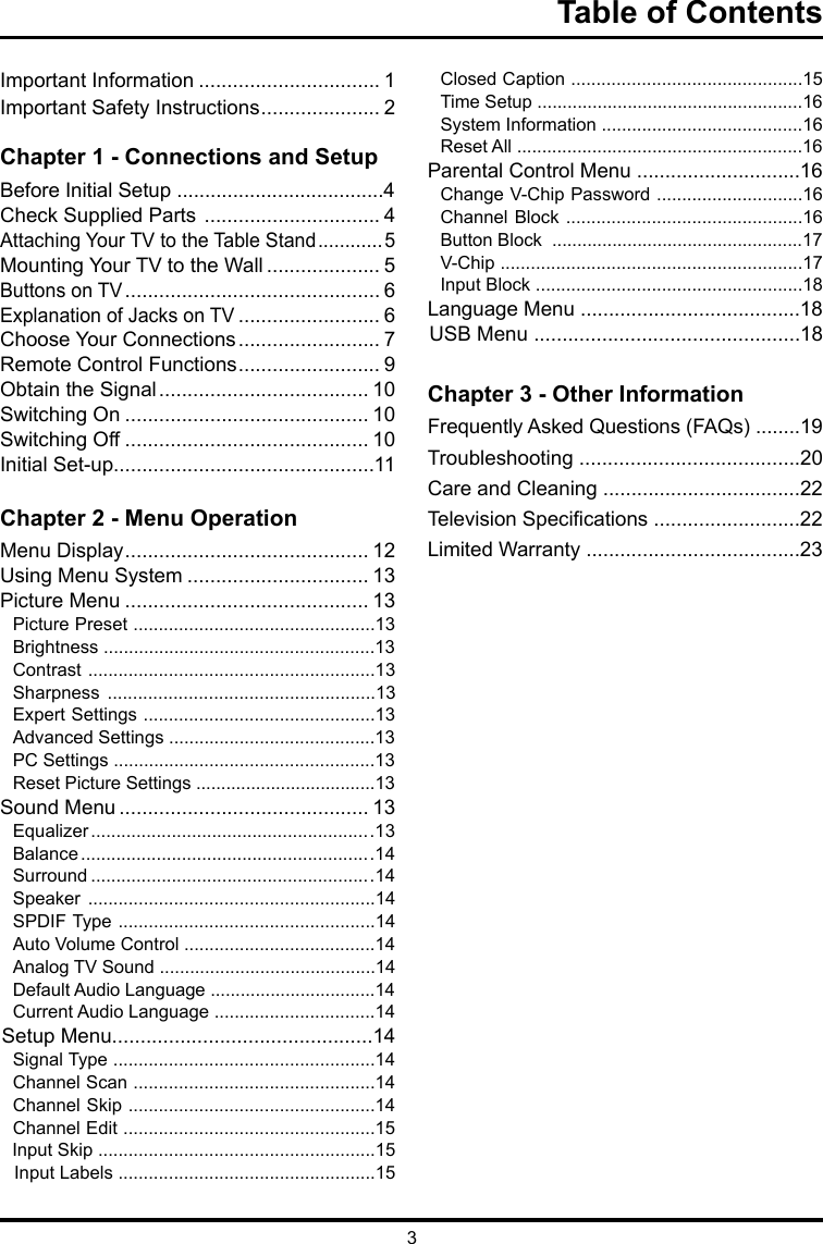 3Table of ContentsImportant Information ................................ 1Important Safety Instructions ..................... 2Chapter 1 - Connections and Setup     Before Initial Setup .....................................4Check Supplied Parts  ............................... 4 Attaching Your TV to the Table Stand ............5Mounting Your TV to the Wall .................... 5Buttons on TV ............................................. 6Explanation of Jacks on TV ......................... 6 Choose Your Connections ......................... 7Remote Control Functions ......................... 9Obtain the Signal ..................................... 10Switching On ........................................... 10Switching Off ........................................... 10Initial Set-up..............................................11Chapter 2 - Menu OperationMenu Display ........................................... 12Using Menu System ................................ 13Picture Menu ........................................... 13Picture Preset ................................................13Brightness ......................................................13Contrast .........................................................13Sharpness  .....................................................13Expert Settings ..............................................13Advanced Settings .........................................13PC Settings ....................................................13Reset Picture Settings ....................................13Sound Menu ............................................ 13Equalizer ........................................................13Balance ..........................................................14Surround ........................................................14Speaker  .........................................................14SPDIF Type ...................................................14Auto Volume Control ......................................14Analog TV Sound ...........................................14Default Audio Language .................................14Current Audio Language ................................14Setup Menu..............................................14Signal Type ....................................................14Channel Scan ................................................14Channel Skip .................................................14Channel Edit ..................................................15Input Skip .......................................................15Input Labels ...................................................15Closed Caption ..............................................15Time Setup .....................................................16 System Information ........................................16  Reset All .........................................................16Parental Control Menu .............................16Change V-Chip Password .............................16Channel Block ...............................................16Button Block  ..................................................17V-Chip ............................................................17Input Block .....................................................18Language Menu .......................................18USB Menu ...............................................18Chapter 3 - Other InformationFrequently Asked Questions (FAQs) ........19Troubleshooting .......................................20Care and Cleaning ...................................22Television Specications ..........................22Limited Warranty ......................................23